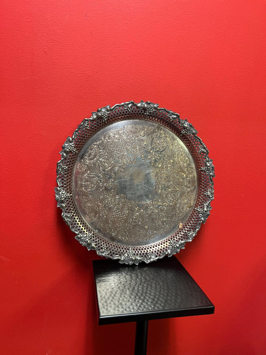 Beautiful English 14 inch heavily decorated tray with grape motif  very elegant and well priced  could use a light polish