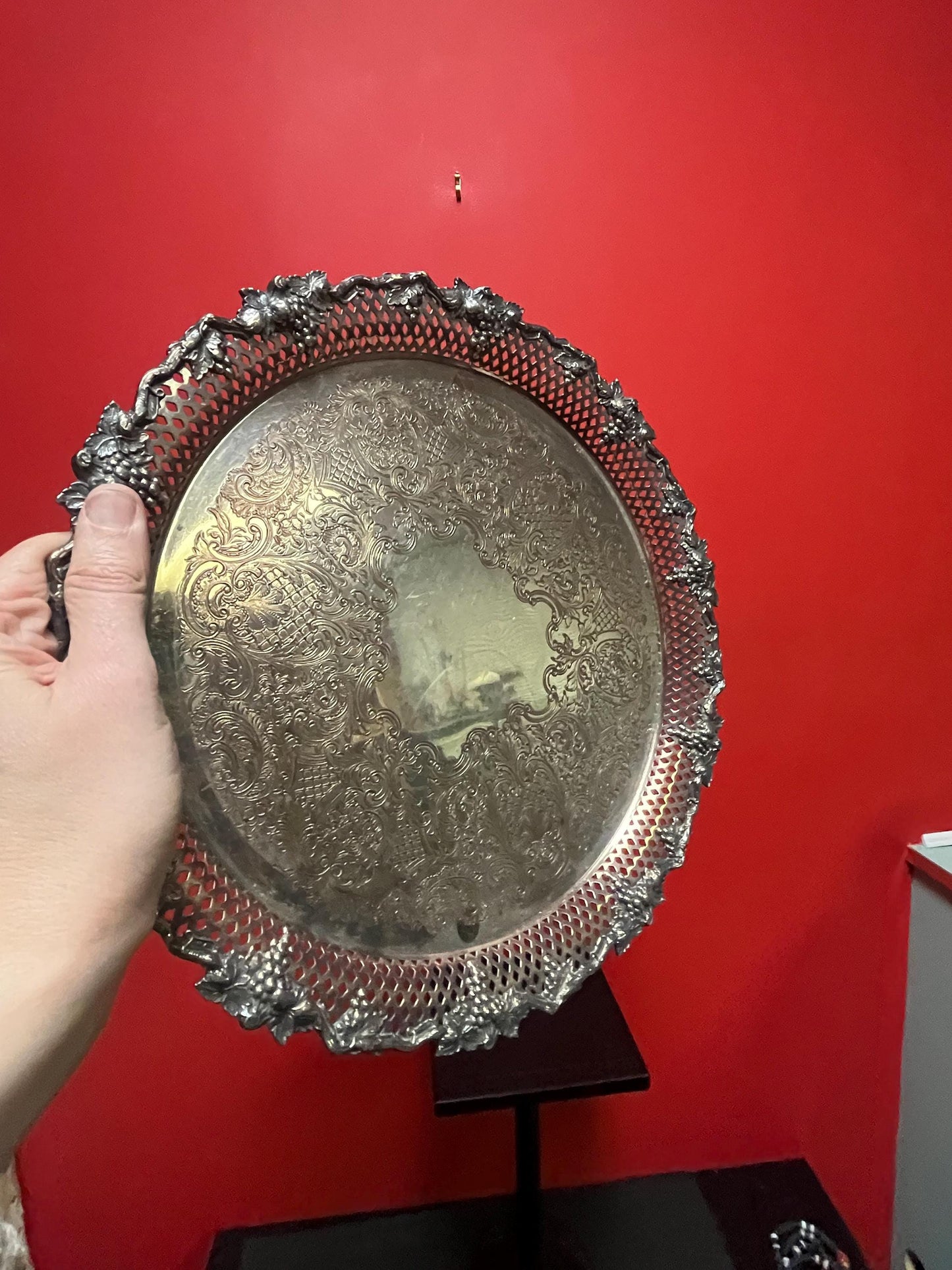 Beautiful English 14 inch heavily decorated tray with grape motif  very elegant and well priced  could use a light polish