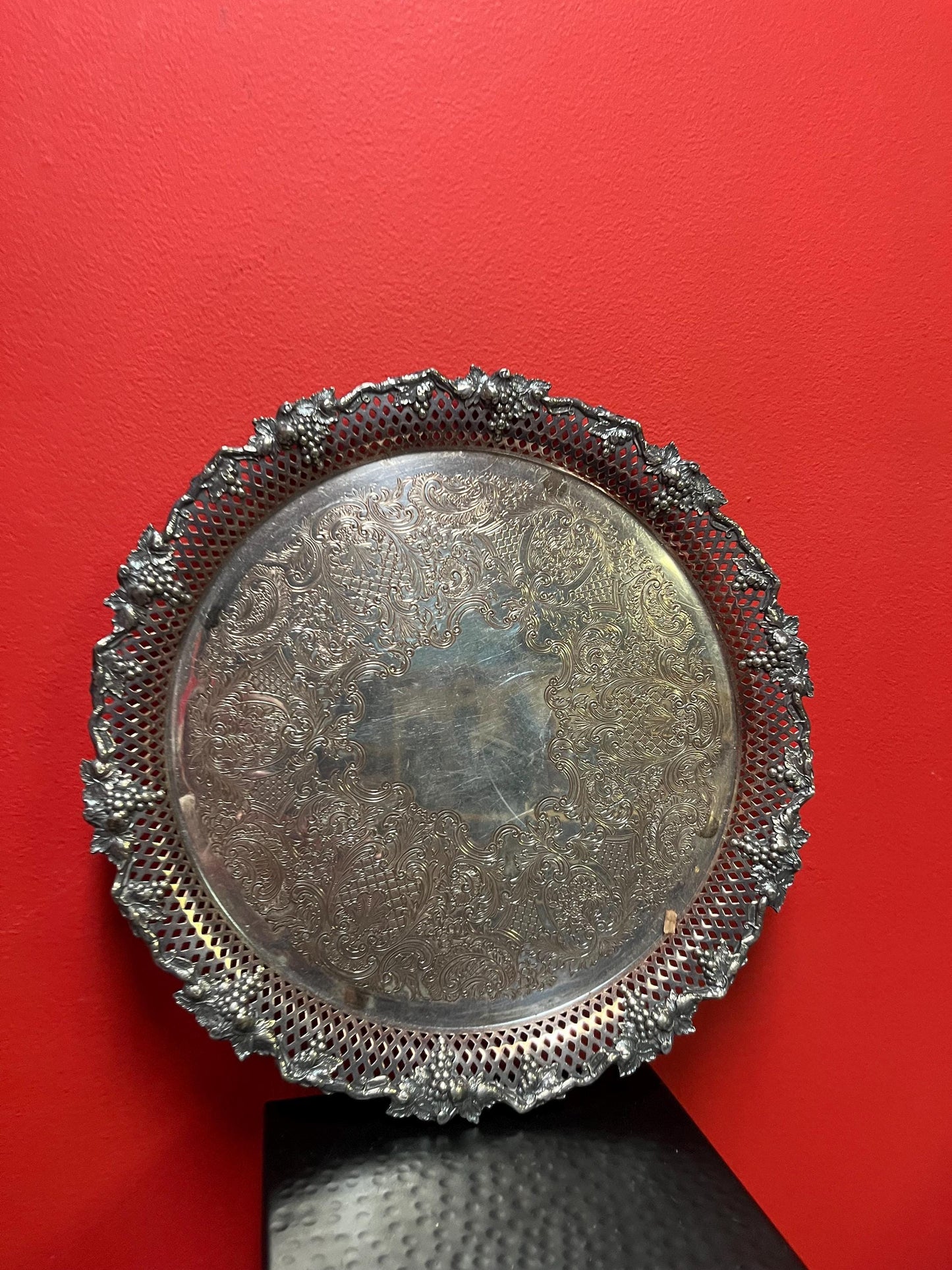 Beautiful English 14 inch heavily decorated tray with grape motif  very elegant and well priced  could use a light polish