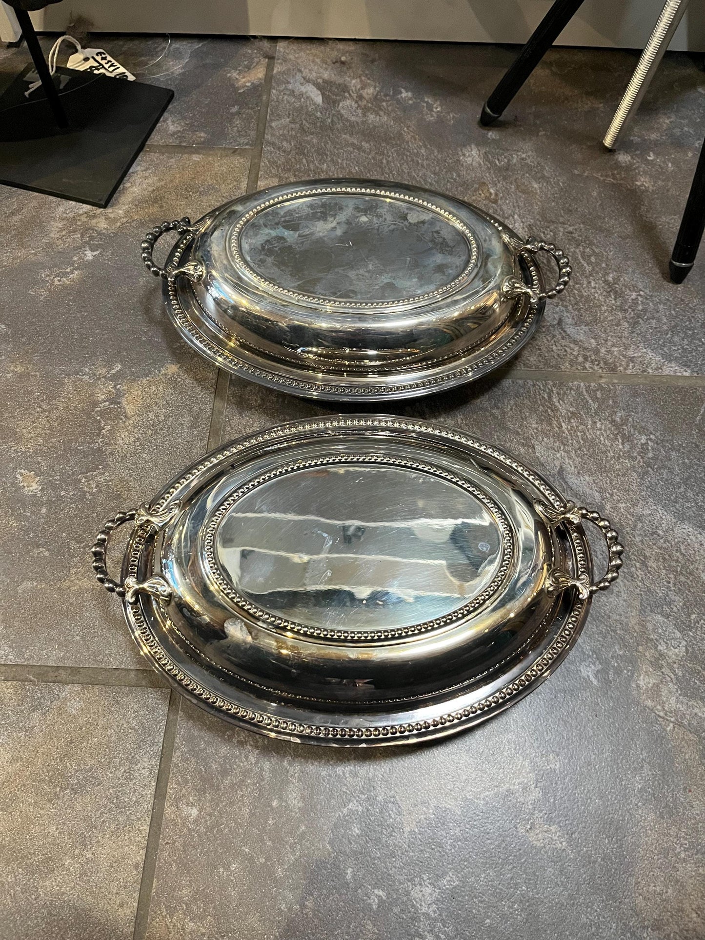 Lovely pair of English silver plated  covered entree dishes  12 x 8 - need light polish and some minor scratches but good condition