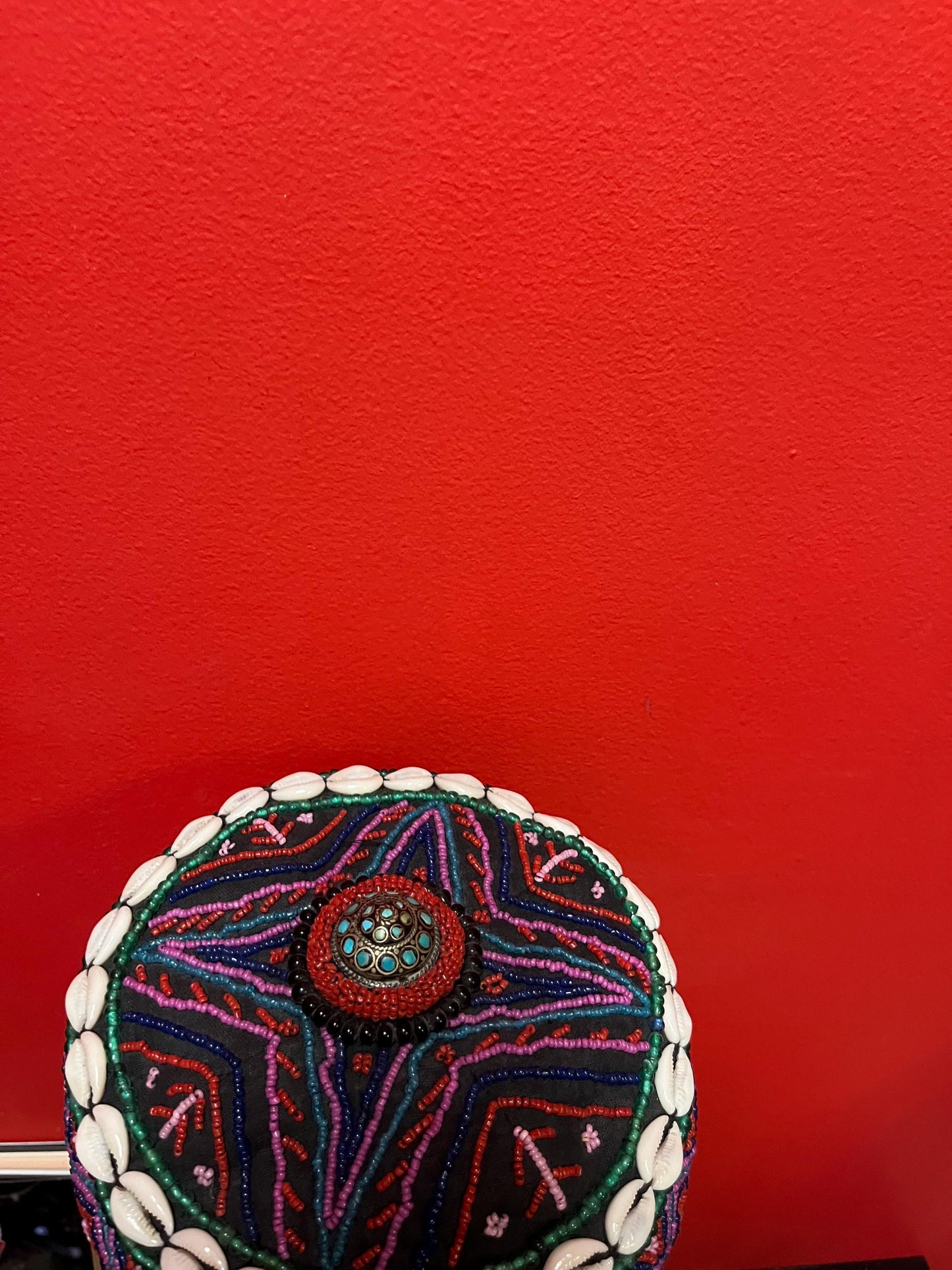 Stunning 9 x 7 x 3 inch Nepalese fabric beaded and shell and turquoise hat  unreal cool  fit small to medium head