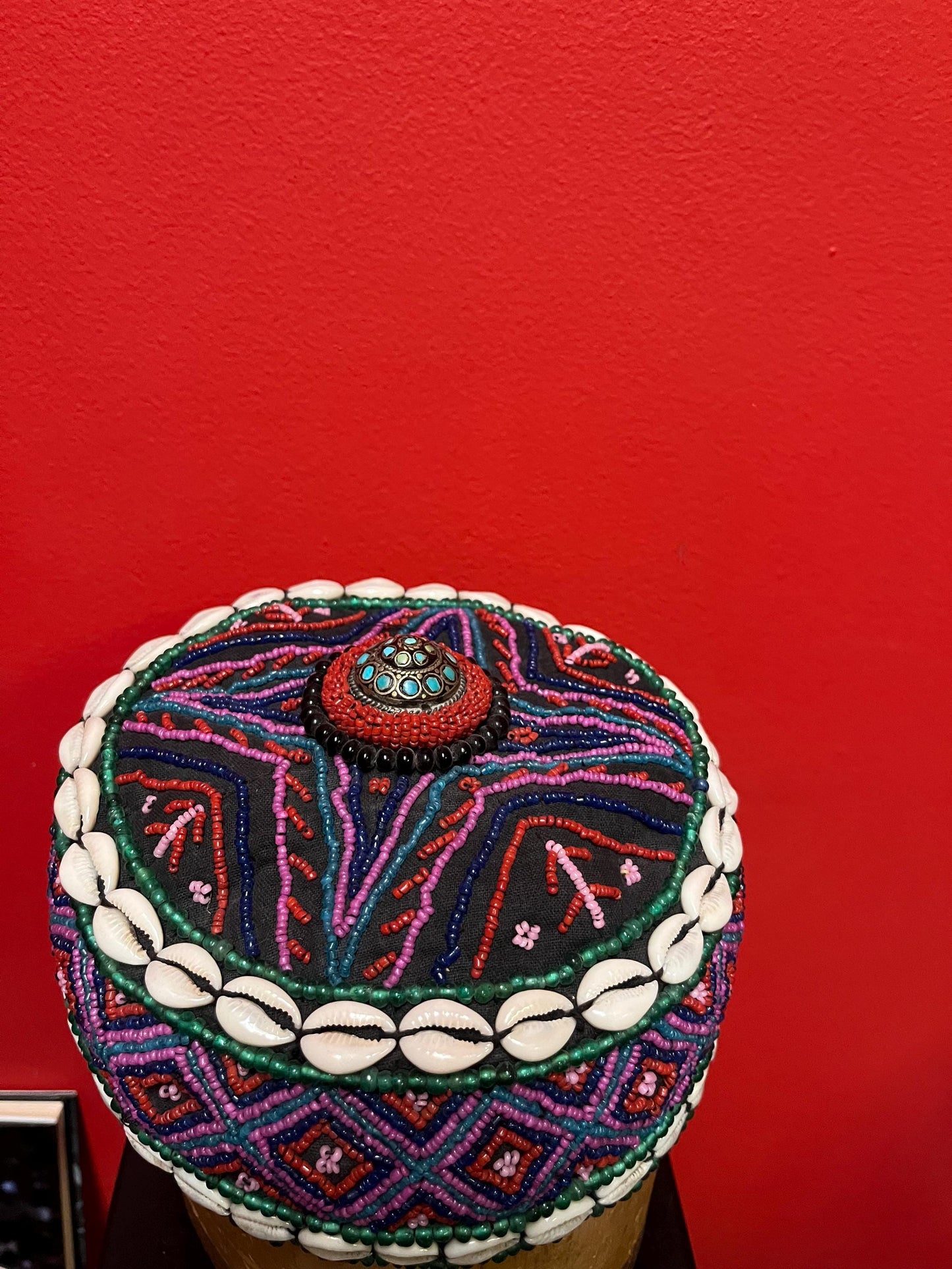 Stunning 9 x 7 x 3 inch Nepalese fabric beaded and shell and turquoise hat  unreal cool  fit small to medium head