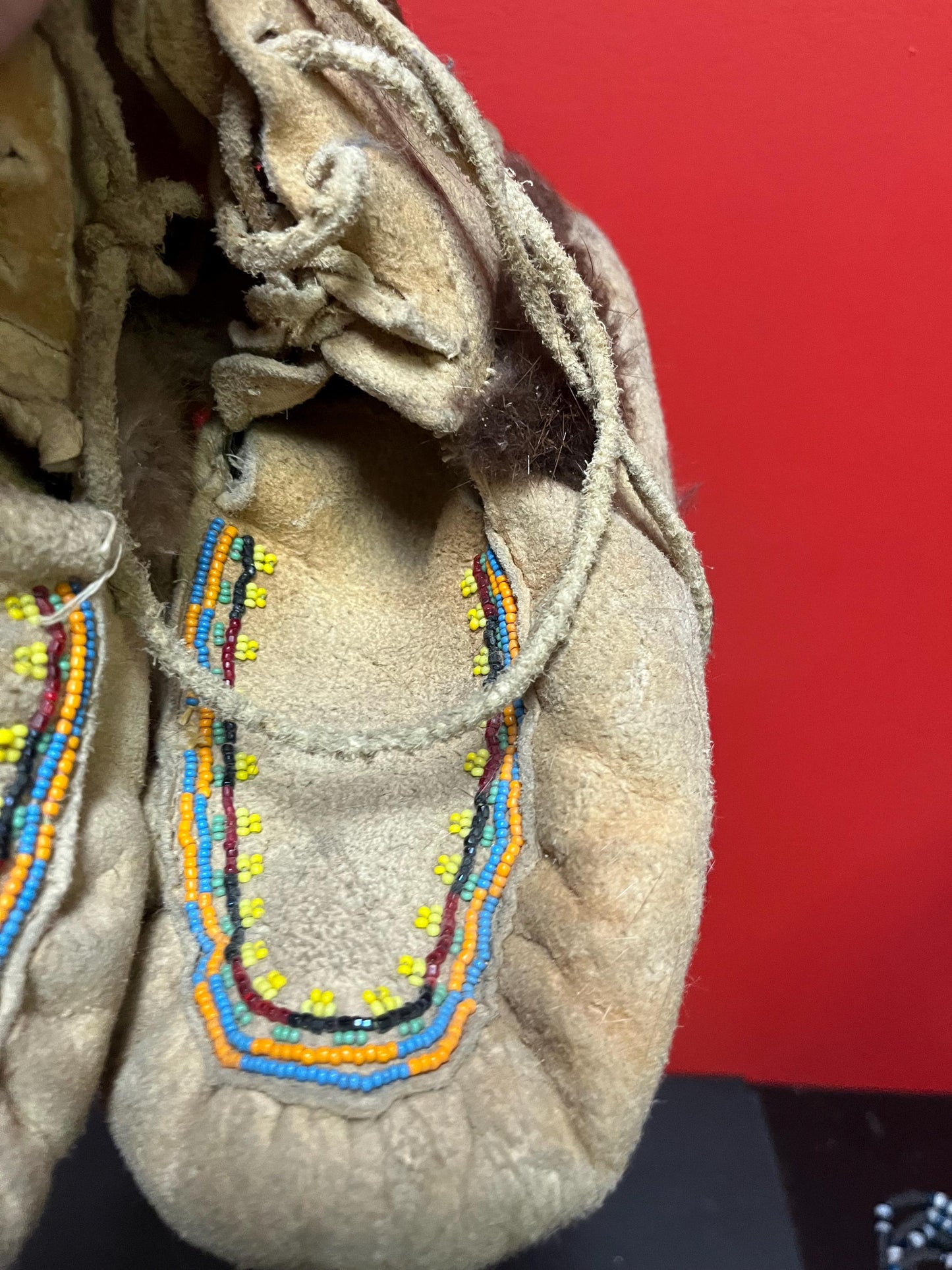 8 x 10 inch long leather and beaded moccasin shoe boots  antique condition