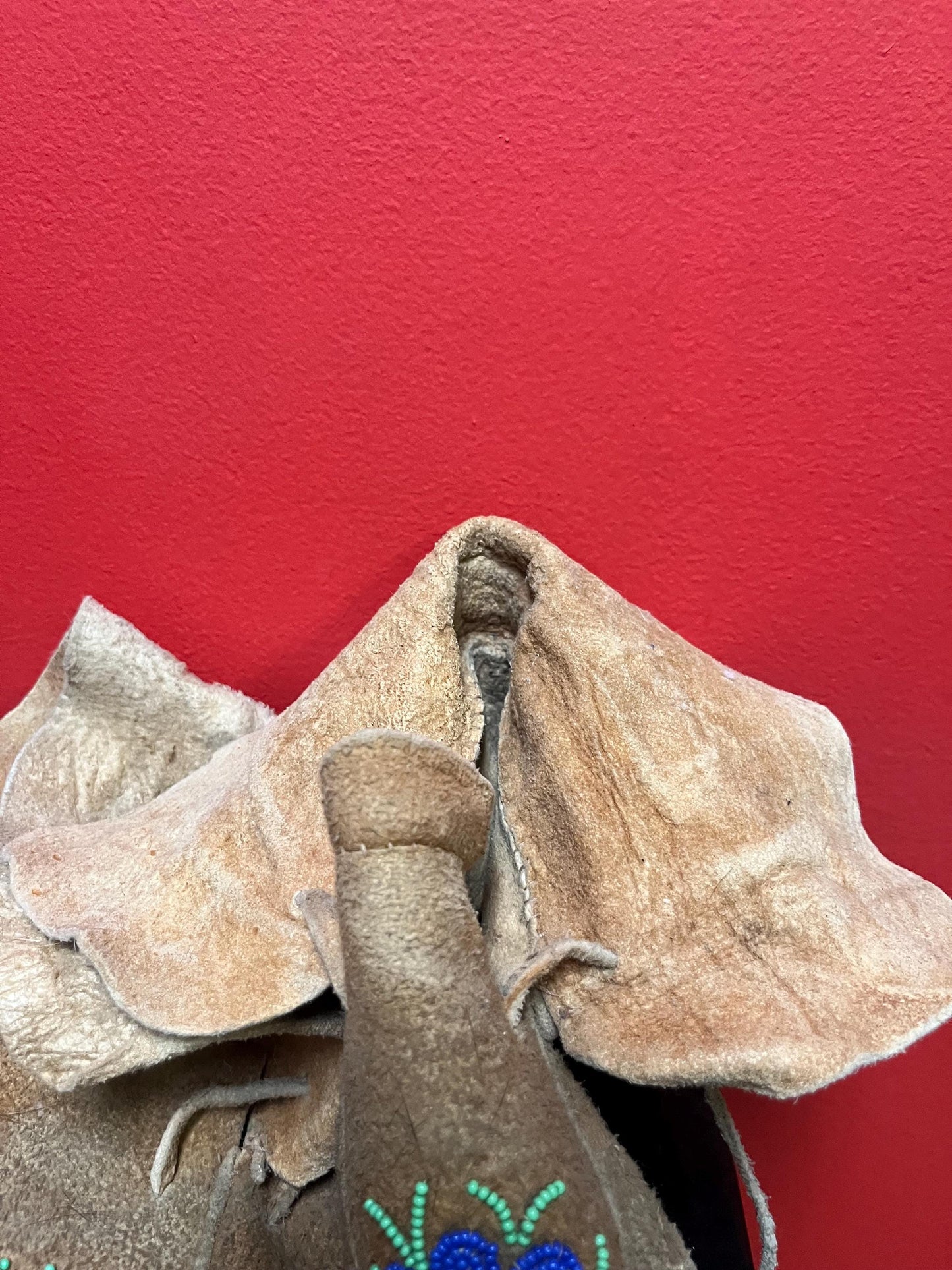 6 x 9 long indigenous beaded and leather moccasin shoes  antique condition