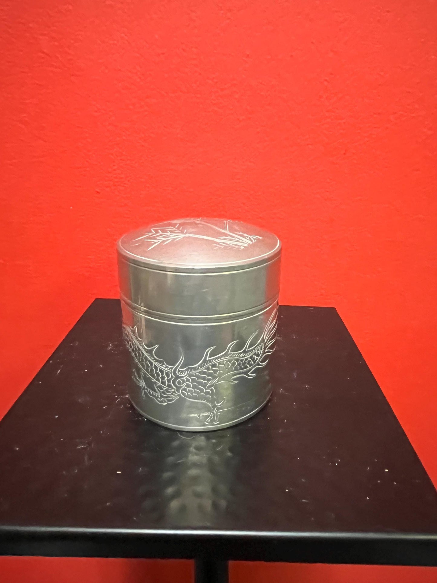 Lovely 3.5 inch tall Japanese pewter dragon tea caddy   old well detailed piece  Japanese dragons - Japanese tea - gift