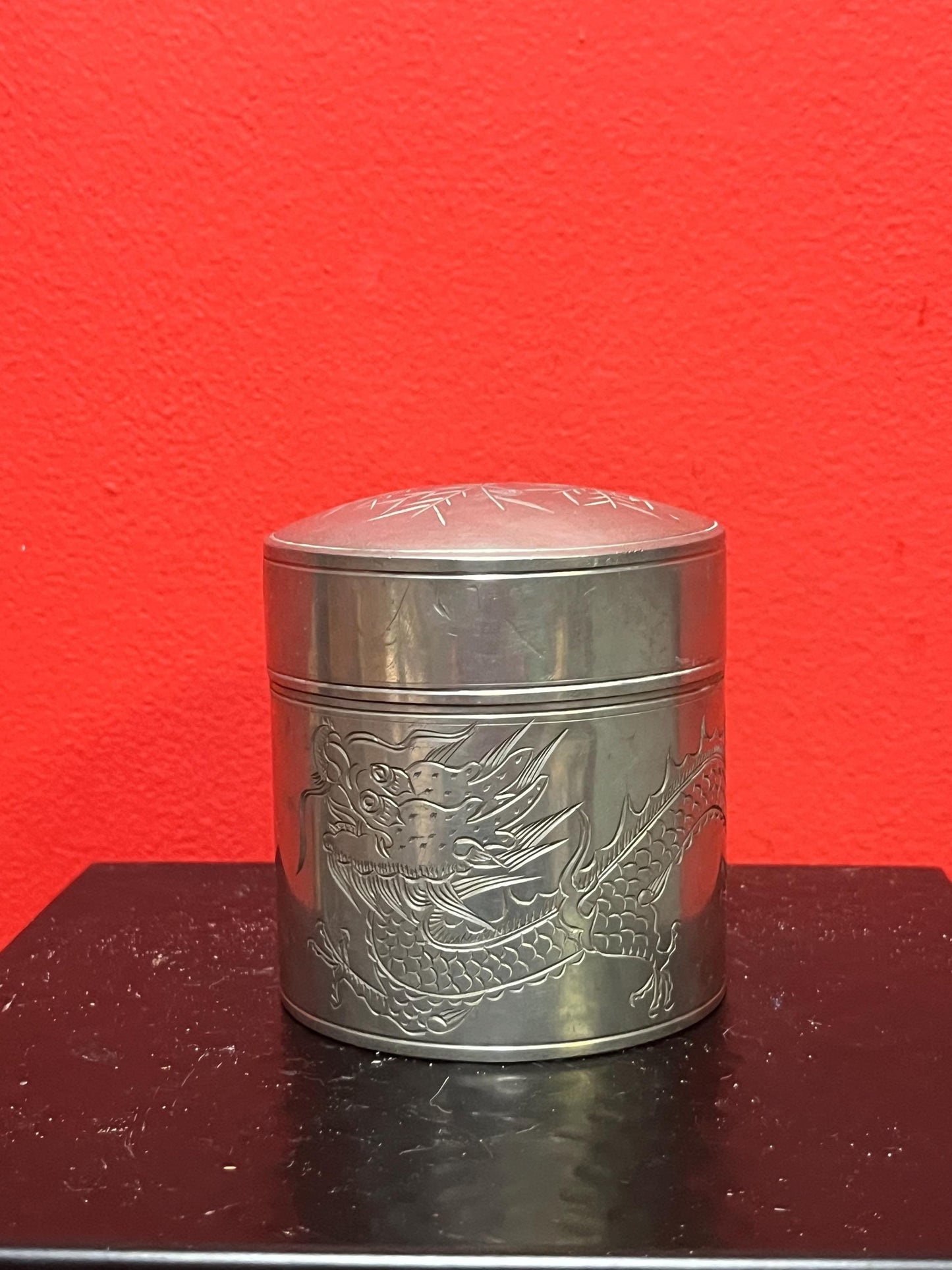 Lovely 3.5 inch tall Japanese pewter dragon tea caddy   old well detailed piece  Japanese dragons - Japanese tea - gift