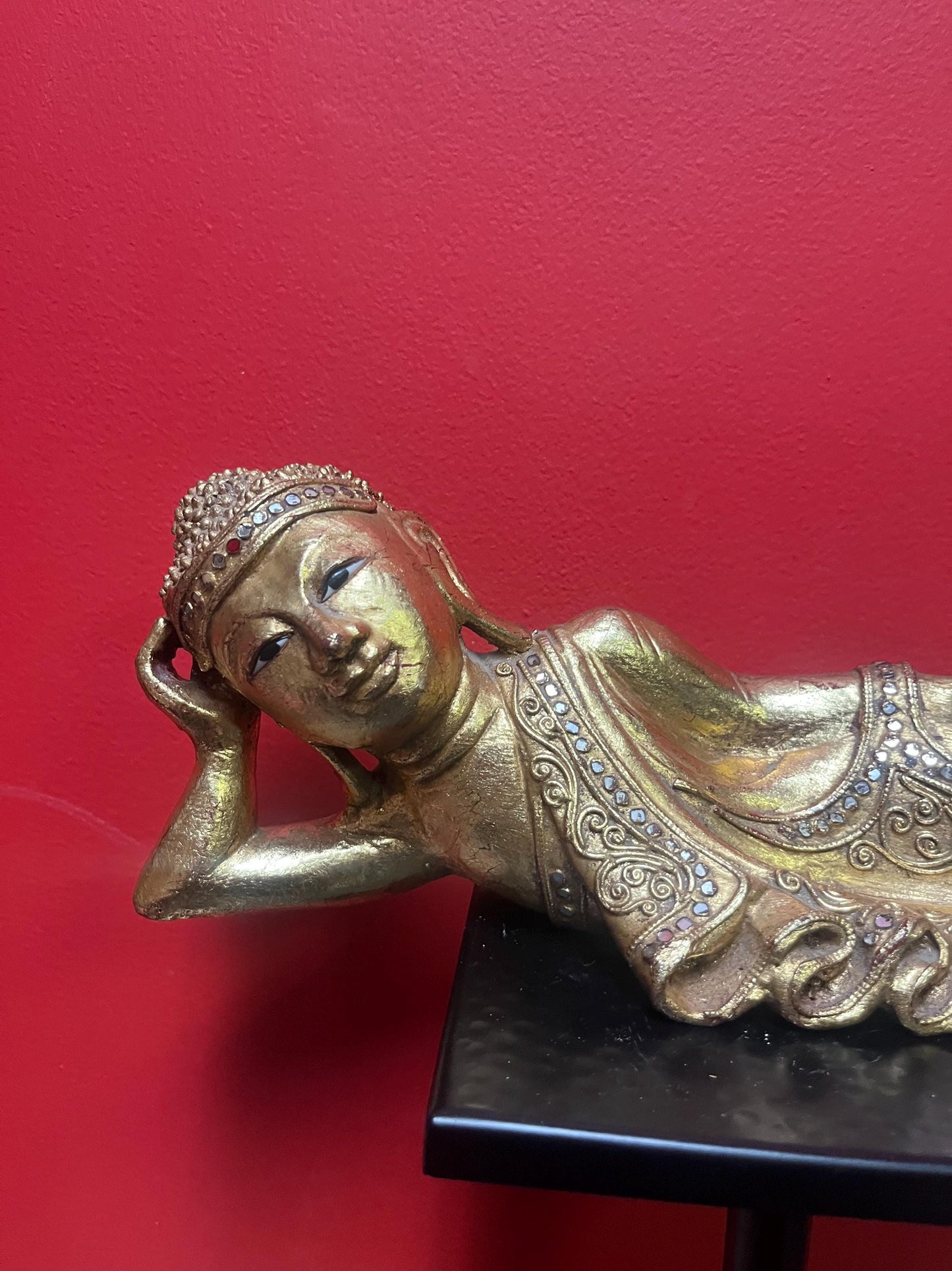 Incredible Asian 16 x 4 x 6 high wood  and gilded reclining Buddha  old piece  great condition  statement piece great value