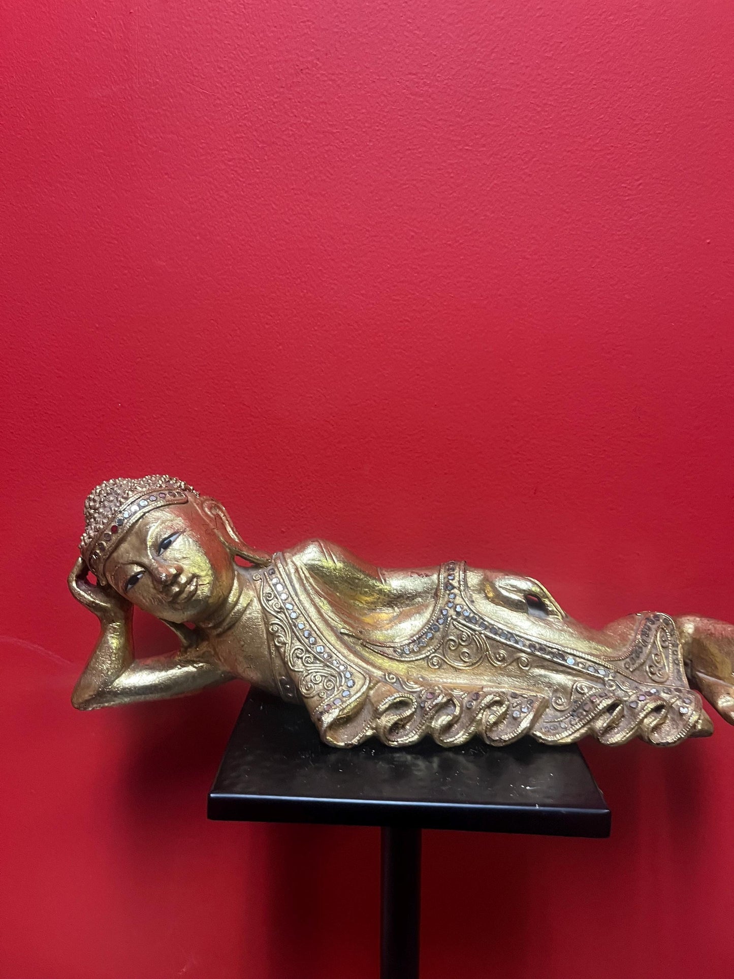 Incredible Asian 16 x 4 x 6 high wood  and gilded reclining Buddha  old piece  great condition  statement piece great value