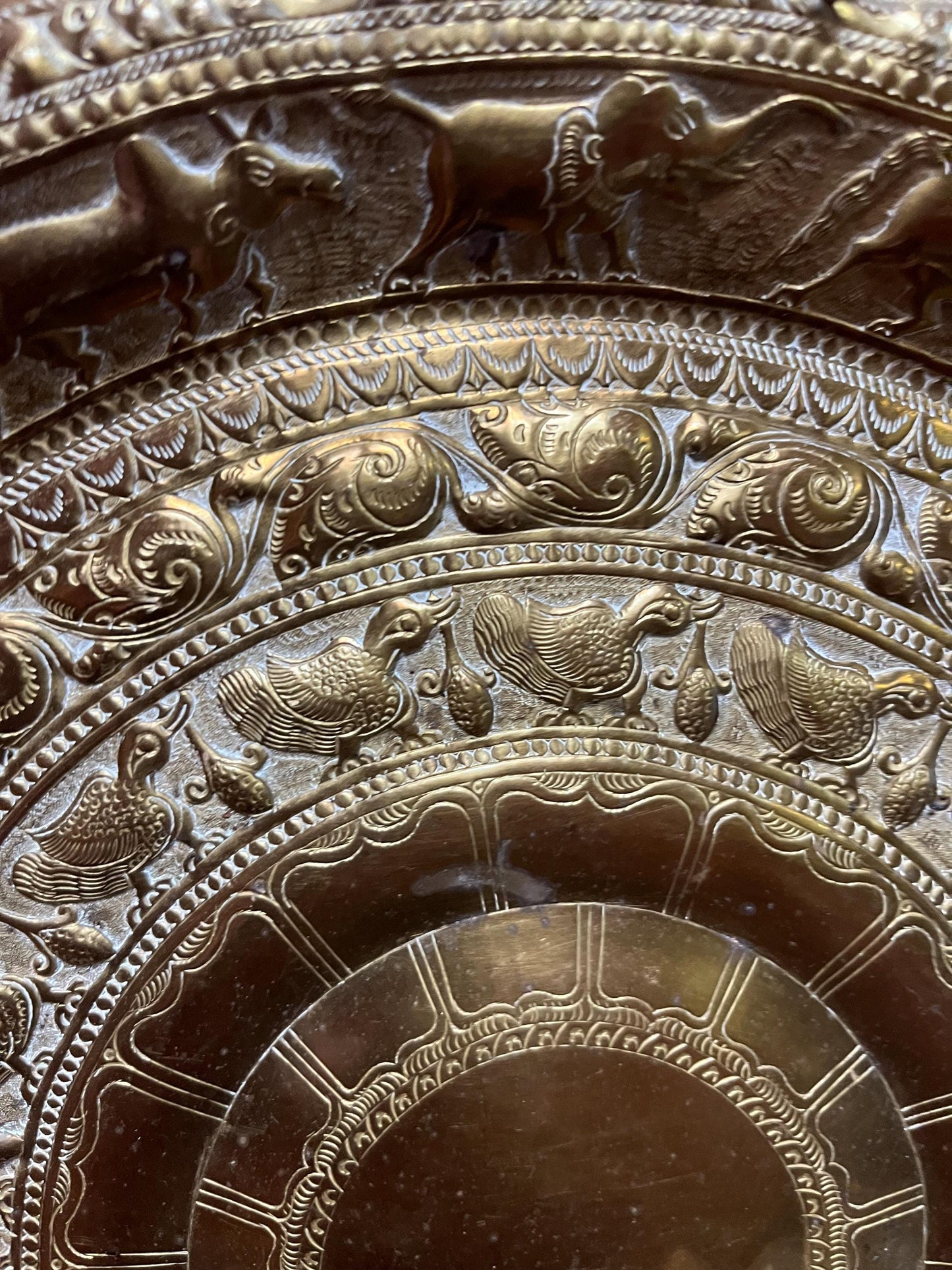 Stunning 12 inch British east Indian hand hammered brass plate charger  wonderful detail and ready to hang  great value