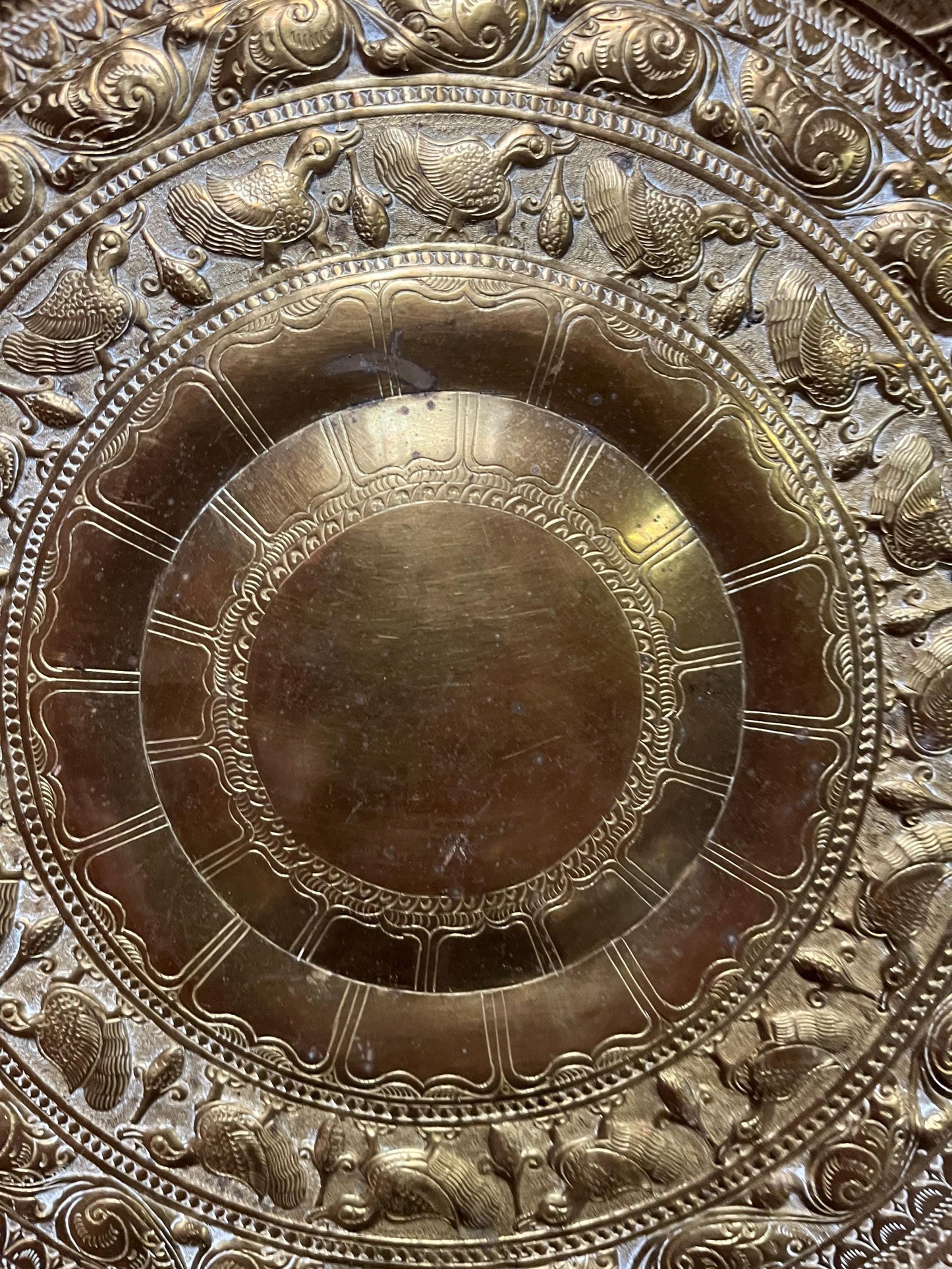 Stunning 12 inch British east Indian hand hammered brass plate charger  wonderful detail and ready to hang  great value