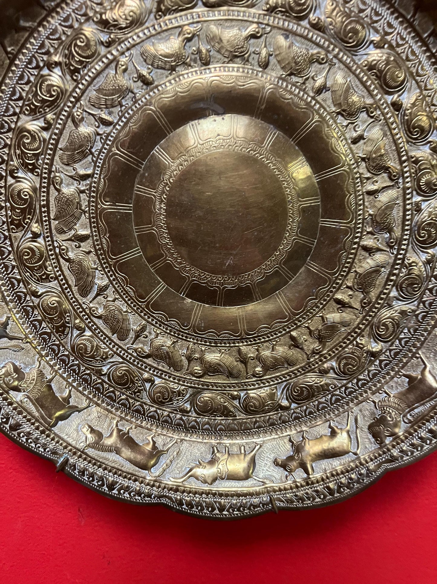 Stunning 12 inch British east Indian hand hammered brass plate charger  wonderful detail and ready to hang  great value