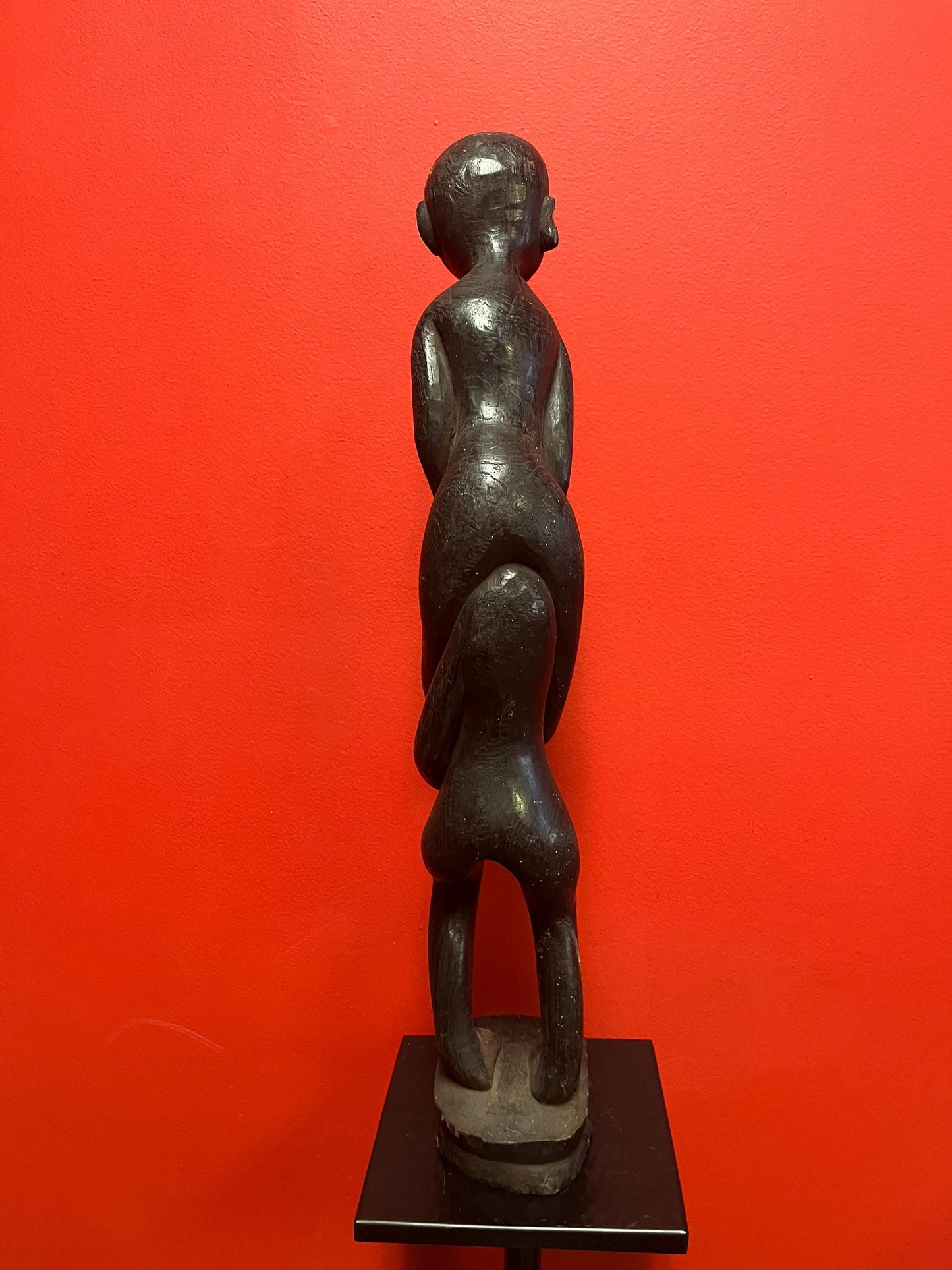 Stunning antique Indonesian teak statue of a musical player with mice  powerful imagery and 29 inches tall  some age cracks see photos