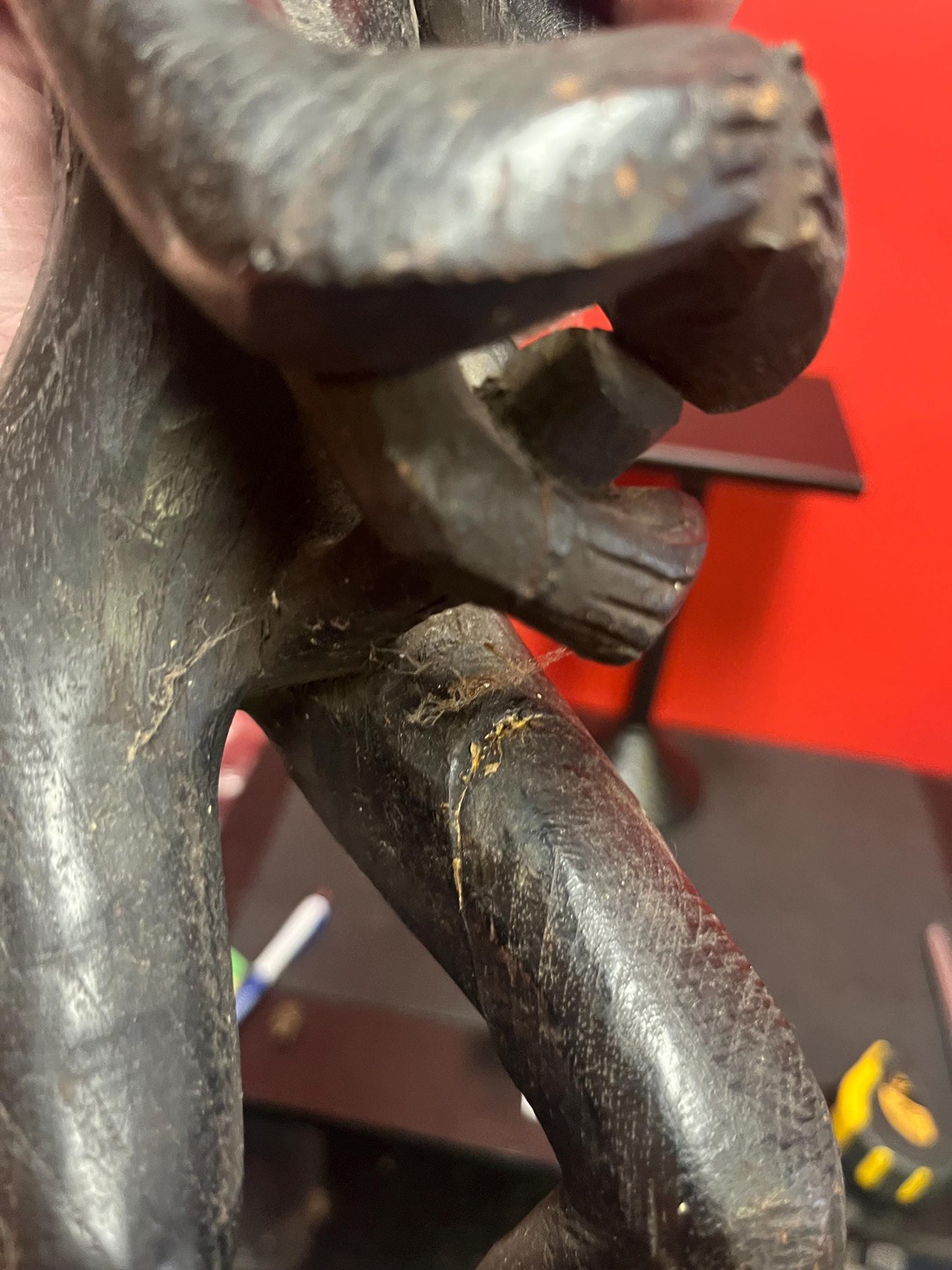 Stunning antique Indonesian teak statue of a musical player with mice  powerful imagery and 29 inches tall  some age cracks see photos