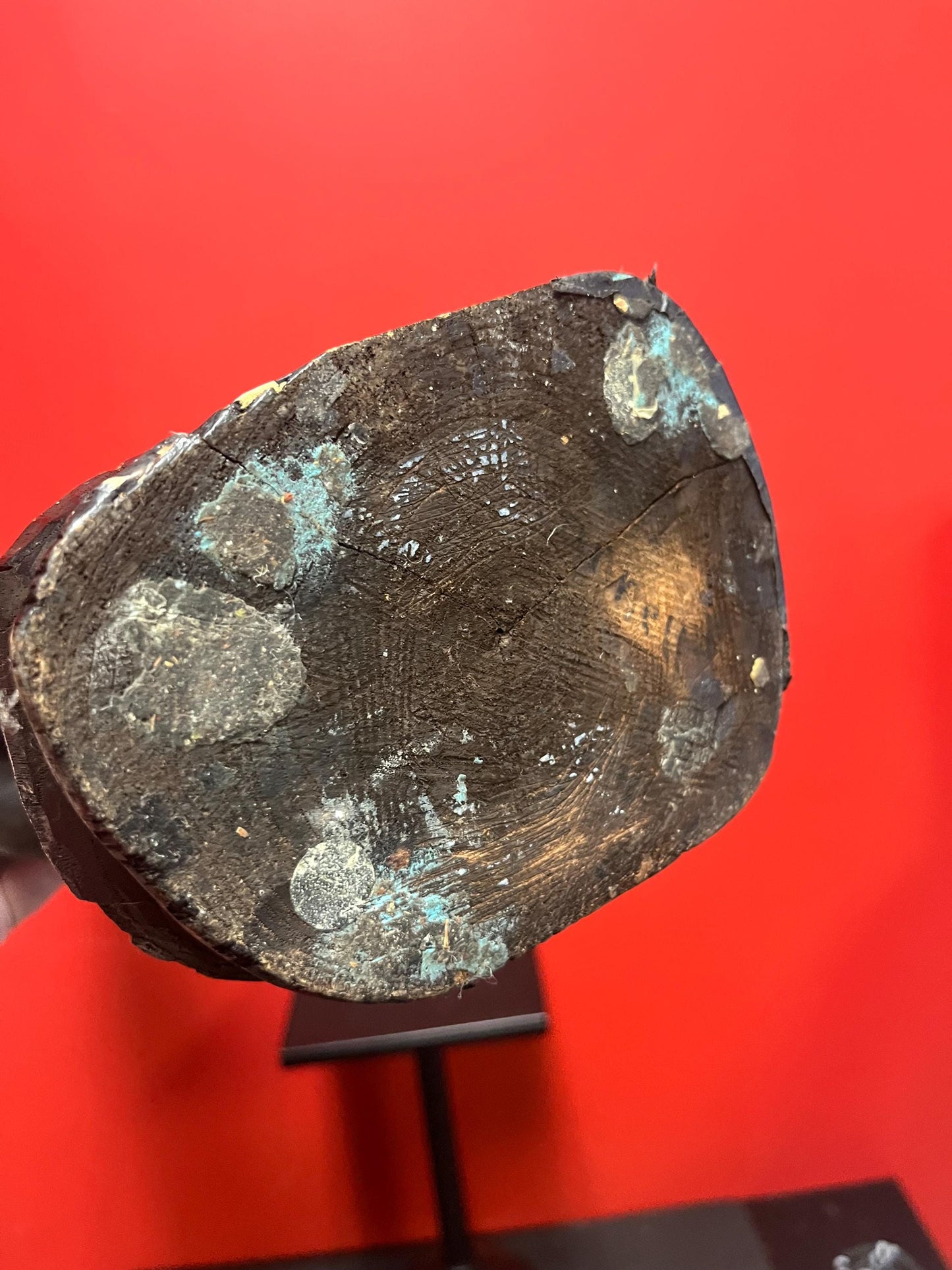 Stunning antique Indonesian teak statue of a musical player with mice  powerful imagery and 29 inches tall  some age cracks see photos