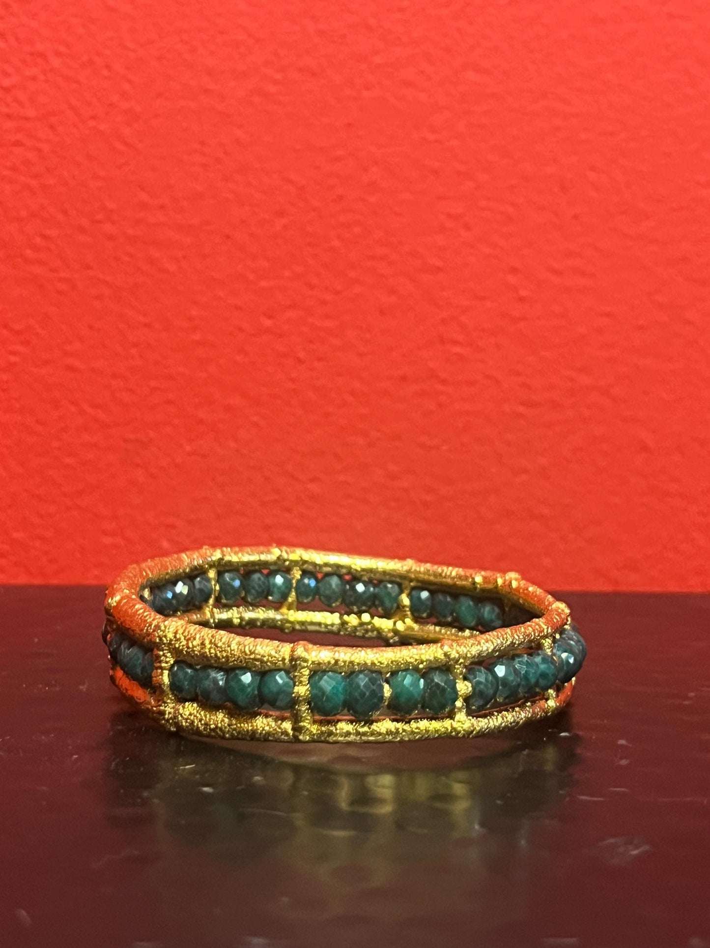 Magical Canadian made 3 inch wide gold plated and emerald  bracelet by  award-winning artist Charles Lewton - Brain  cage series piece