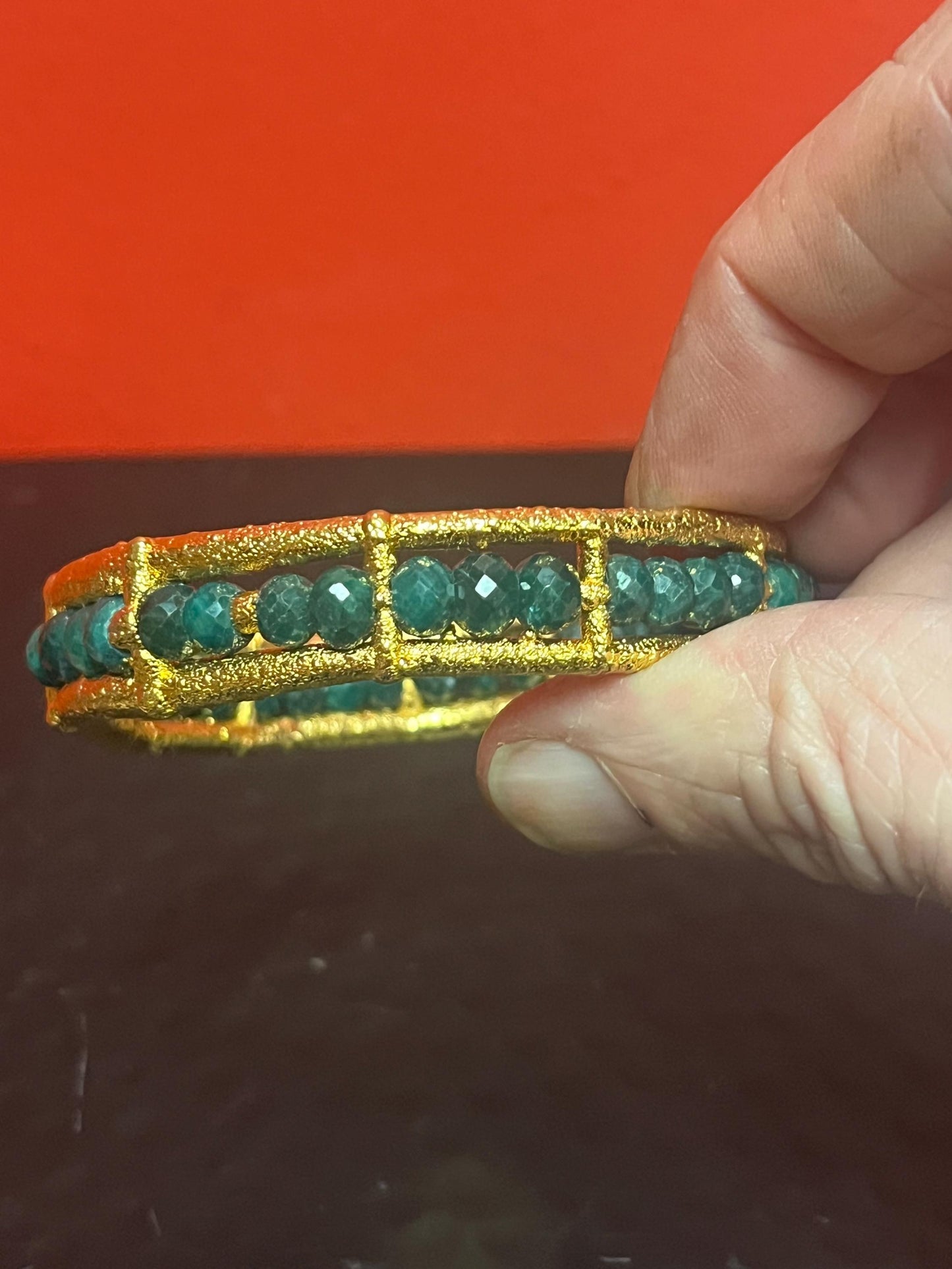 Magical Canadian made 3 inch wide gold plated and emerald  bracelet by  award-winning artist Charles Lewton - Brain  cage series piece
