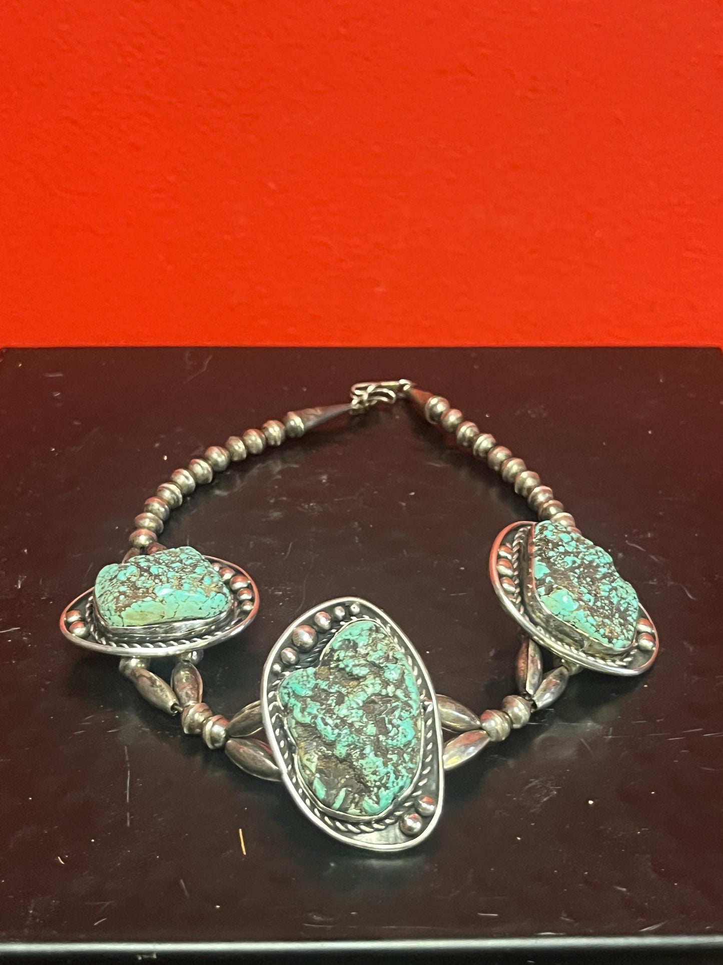 Fantastic rare 1940s authentic Navajo tribal squash blossom and turquoise 13 inch choker necklace authentic Navajo jewellery  estate piece