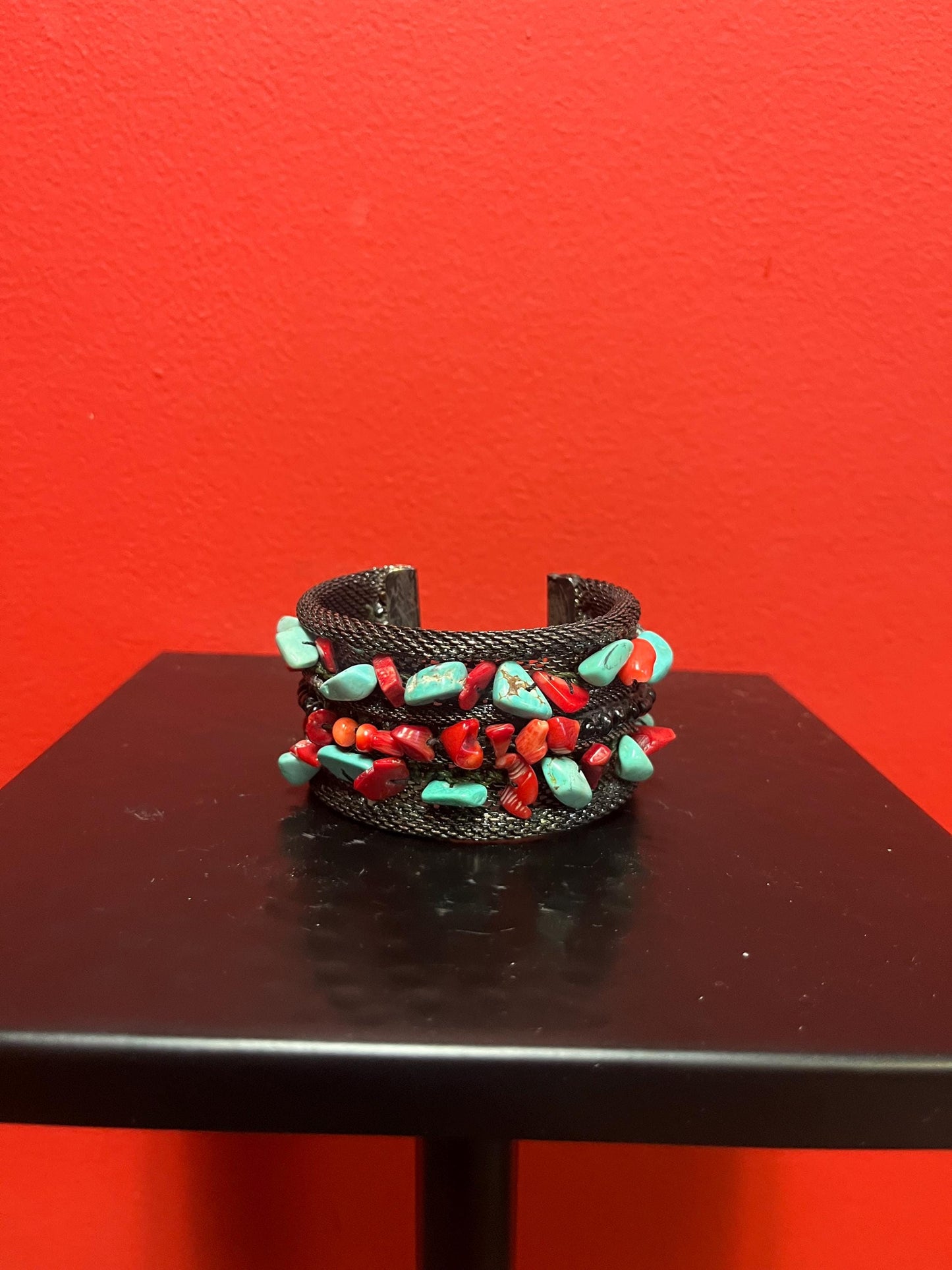Stunning antique Navajo bracelet  3 x 2 high turquoise coral and untested silver unique design and wonderful to wear or gift  great value