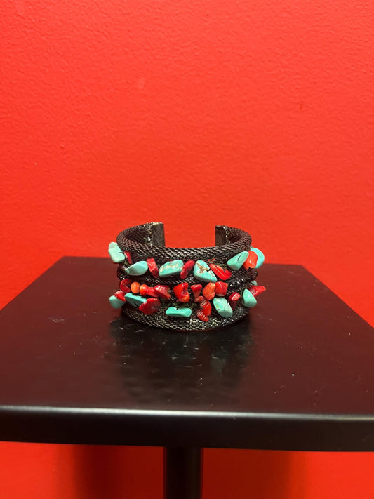 Stunning antique Navajo bracelet  3 x 2 high turquoise coral and untested silver unique design and wonderful to wear or gift  great value