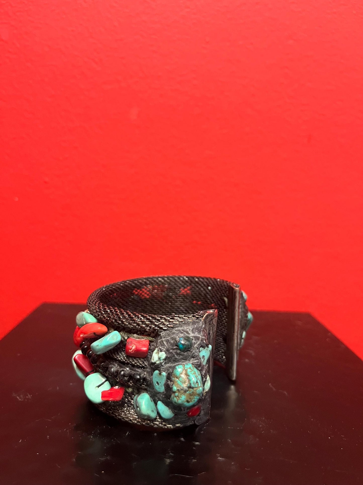 Stunning antique Navajo bracelet  3 x 2 high turquoise coral and untested silver unique design and wonderful to wear or gift  great value