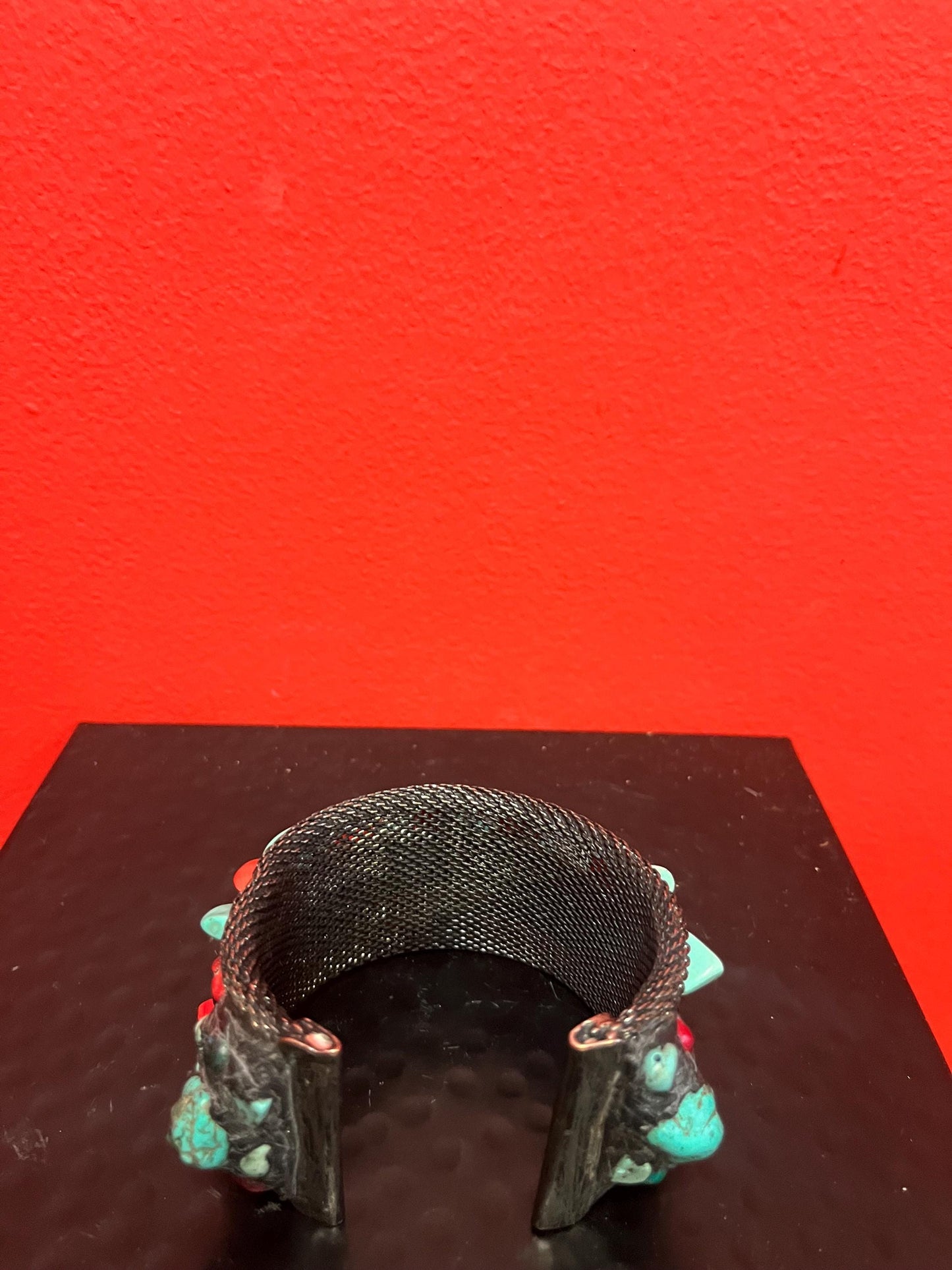 Stunning antique Navajo bracelet  3 x 2 high turquoise coral and untested silver unique design and wonderful to wear or gift  great value