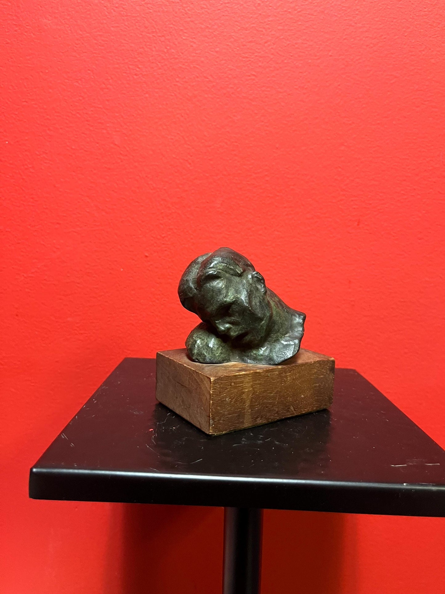 4 x 5 high lovely bronze statue of a mans head on wood base - great patina  fab gift