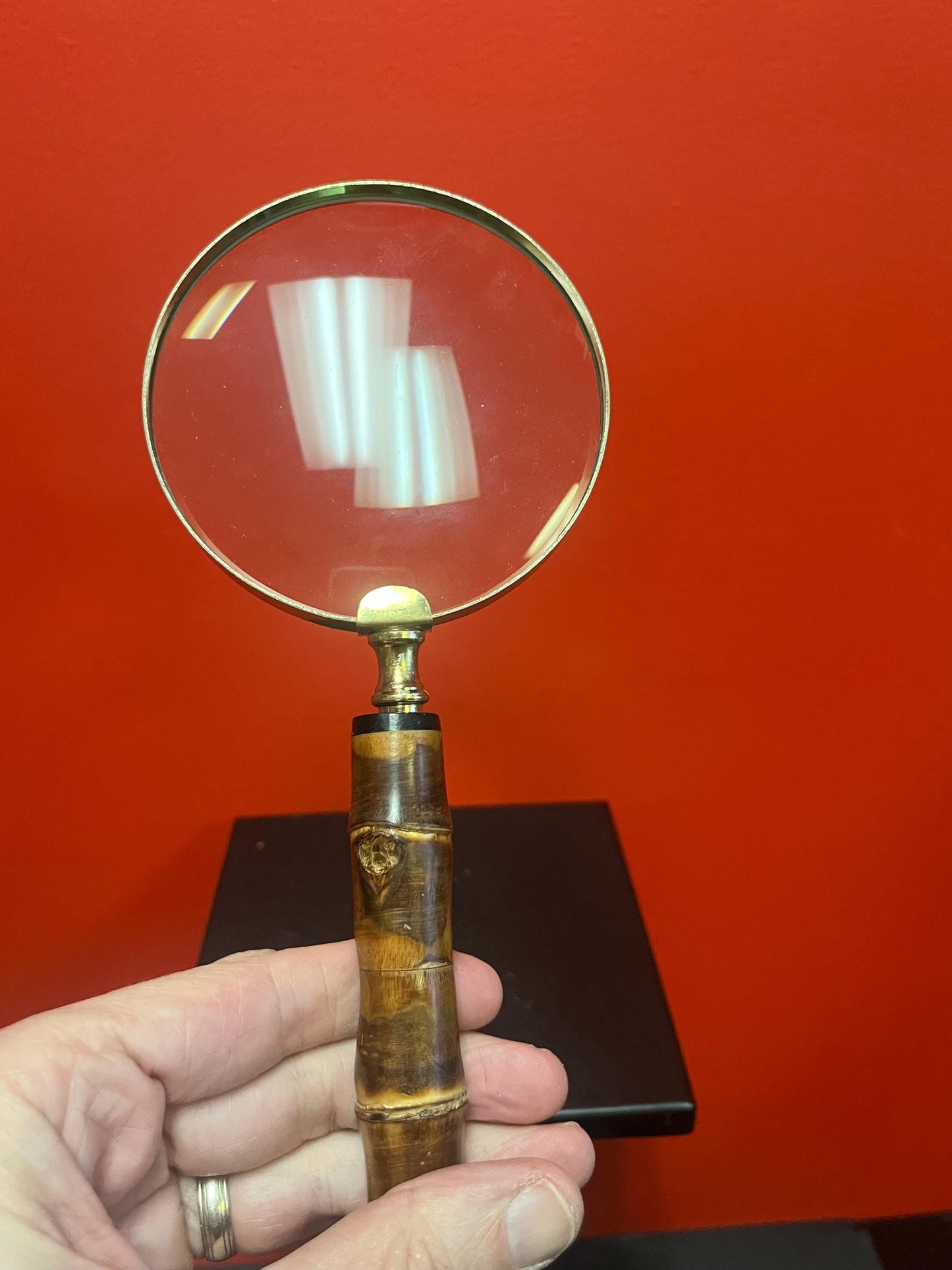 Lovely 9 inch long wood and brass magnifying glass  great condition  great gift  great price