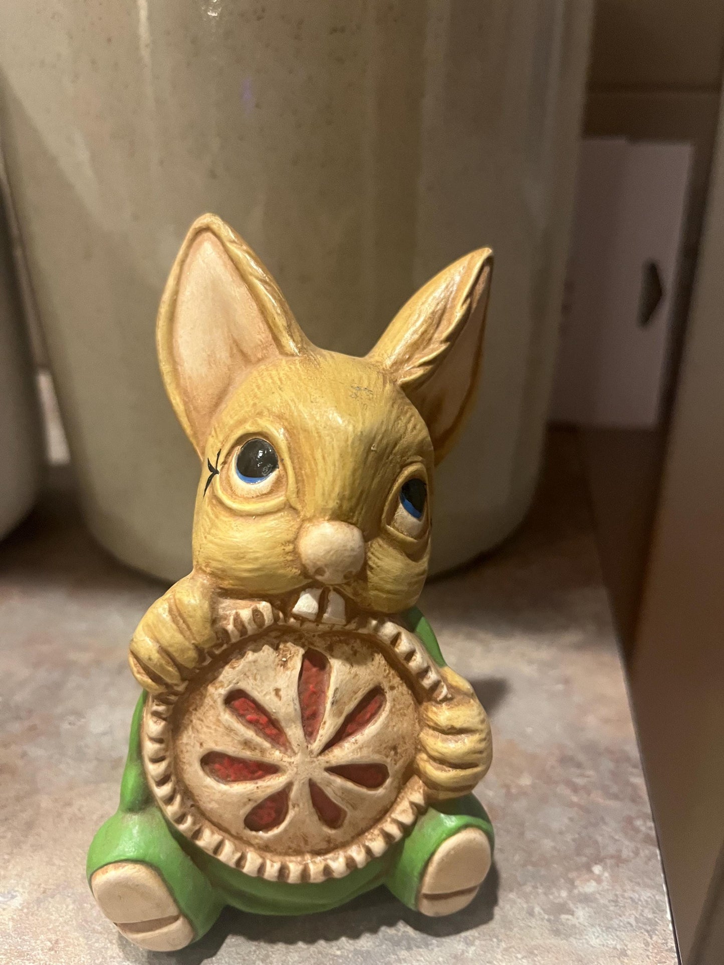 Cute 5 inch tall rabbit eating a pie   ceramic perfect Easter  gift   great value  fun rabbit