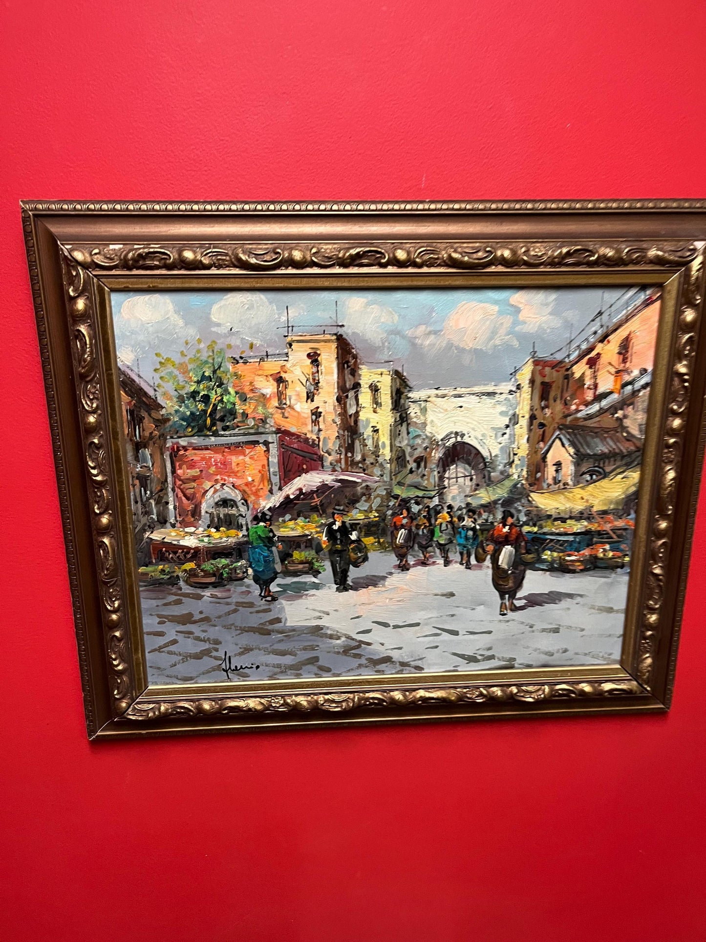 Beautiful 25 x 22 inch European MCM original painting in lovely gilt frame  wonderful imagery  ready to hang