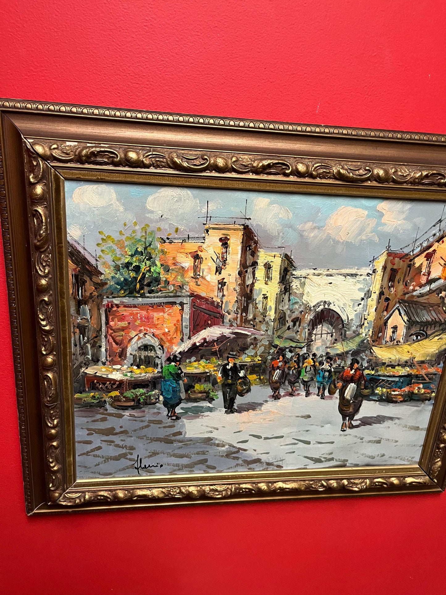 Beautiful 25 x 22 inch European MCM original painting in lovely gilt frame  wonderful imagery  ready to hang