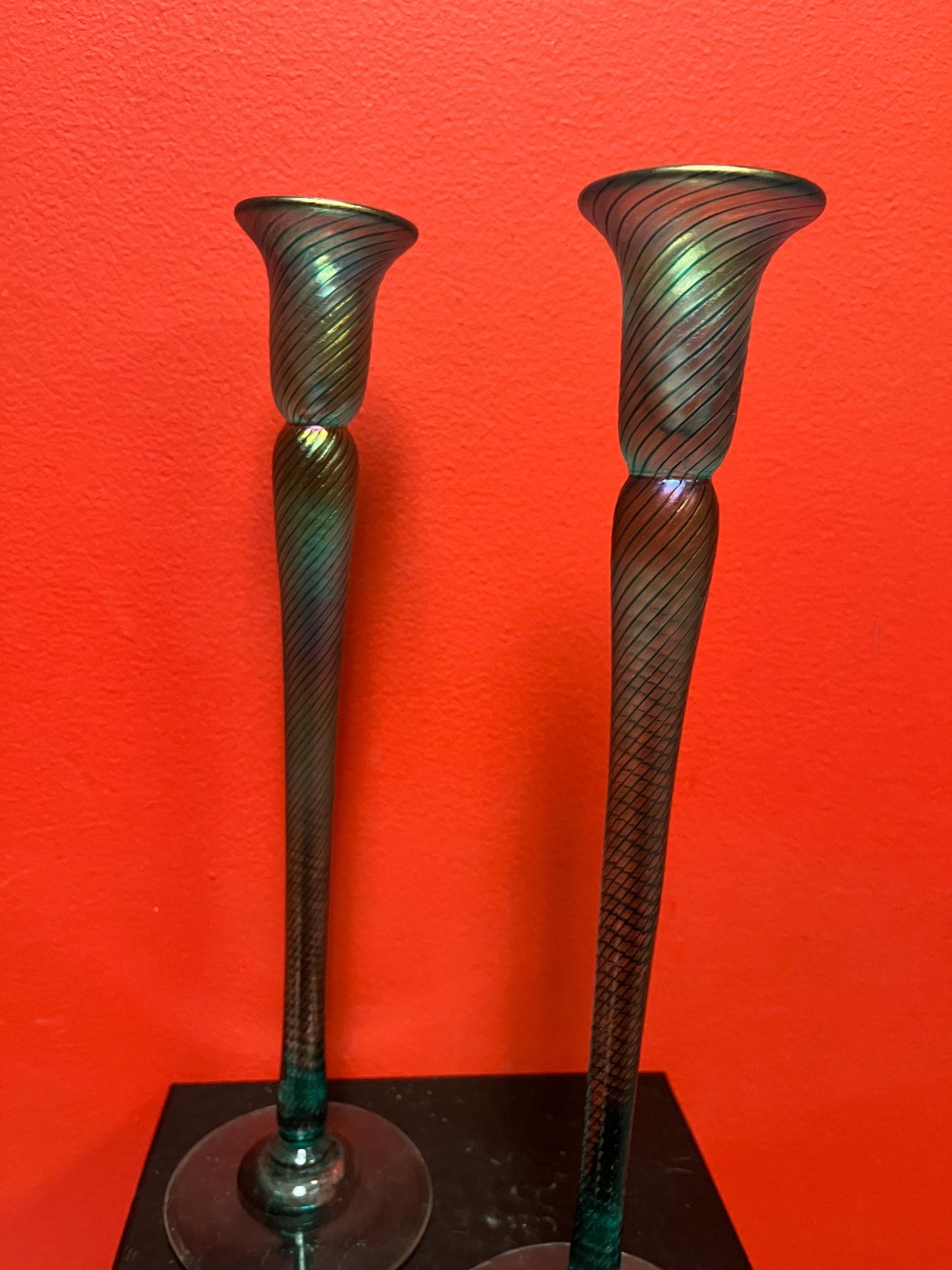 Magnificent 12 inch tall Vancouver Island Robert held candlesticks  iridescent beautiful pair  wow wow