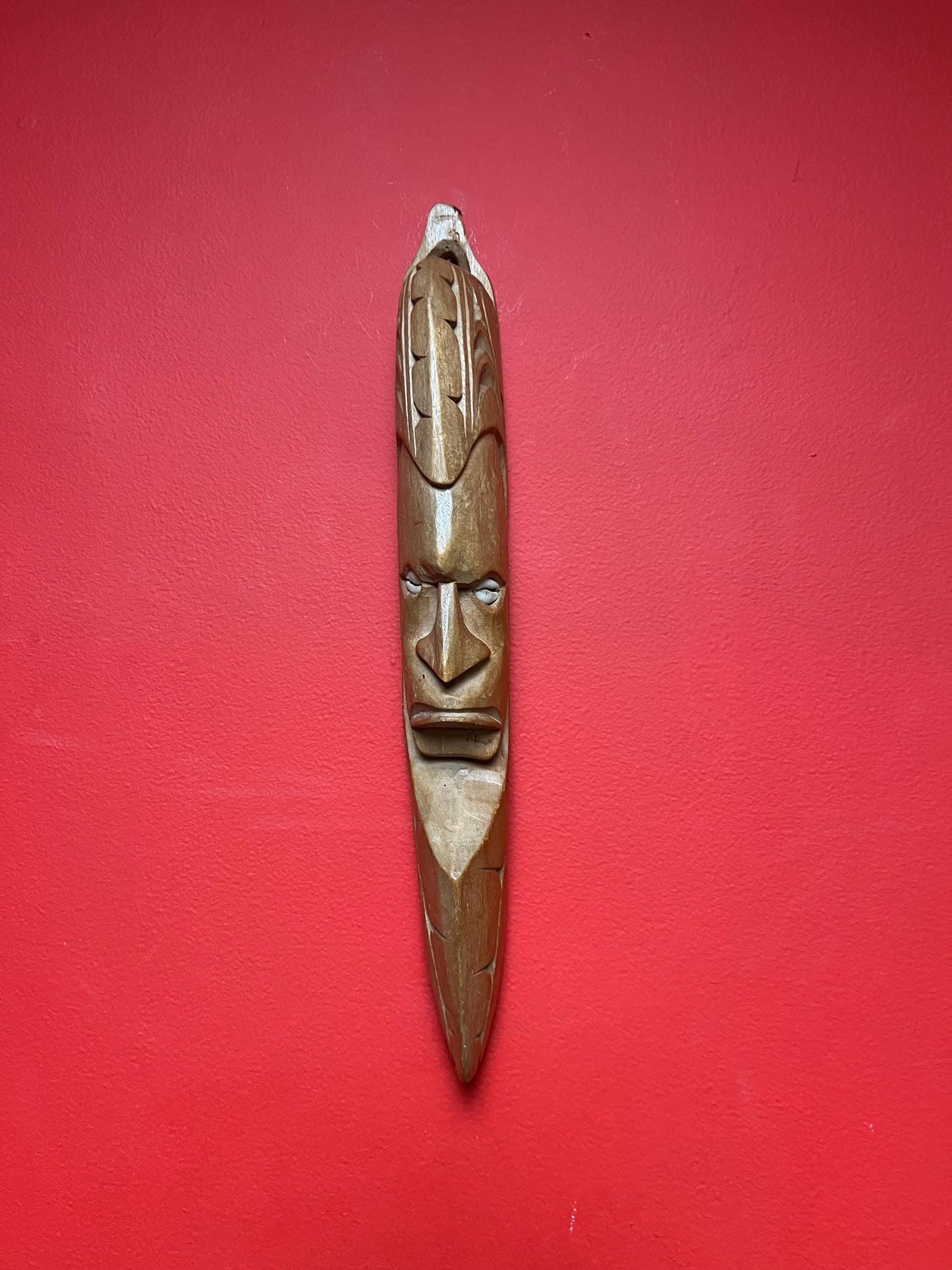 Cool vintage oceanic wood mask with shell eyes  14 inches long and great price