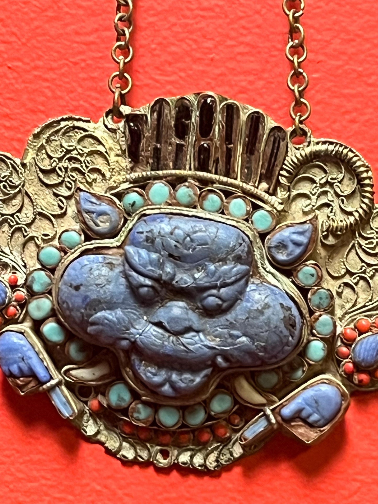 Huge antique Tibetan silver lazuli lapis and coral and turquoise pendant with necklace  finest quality - pendant 5 x 4 great condition