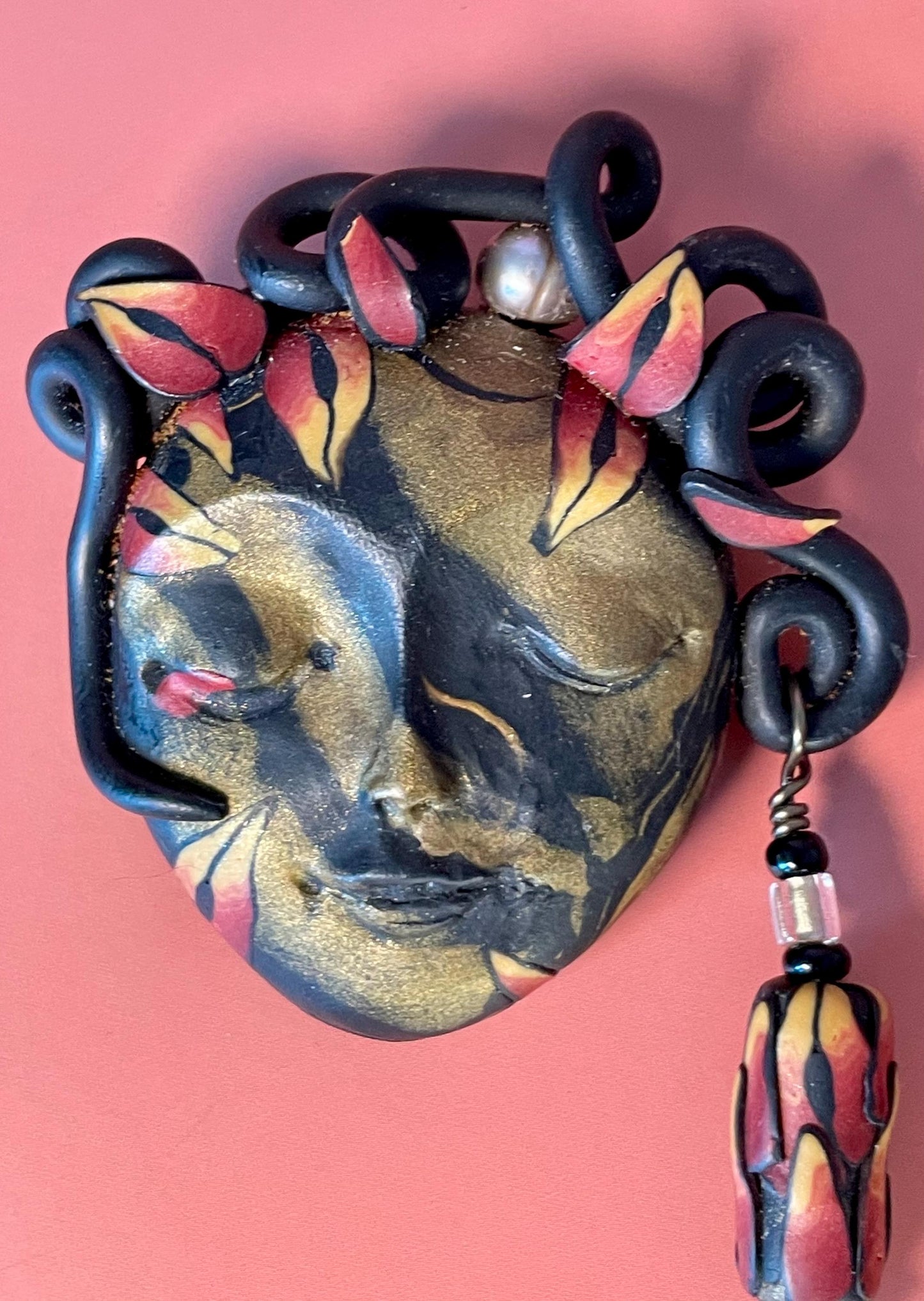 Polymer Clay Brooch  Womans Face with Curled Hair and Dangling Bead