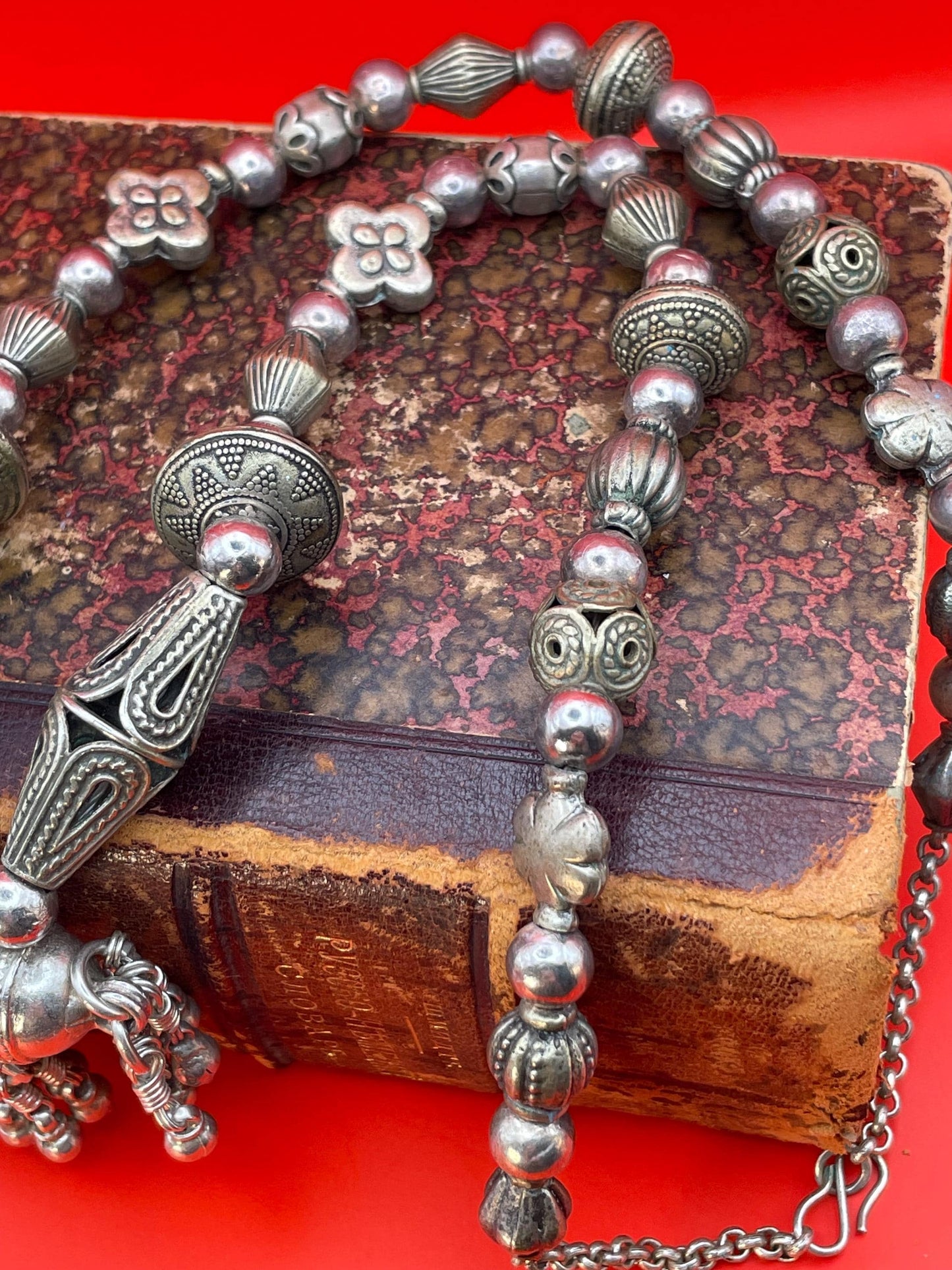 Untested Silver Persian Necklace with intricate beads and 2inch pendant