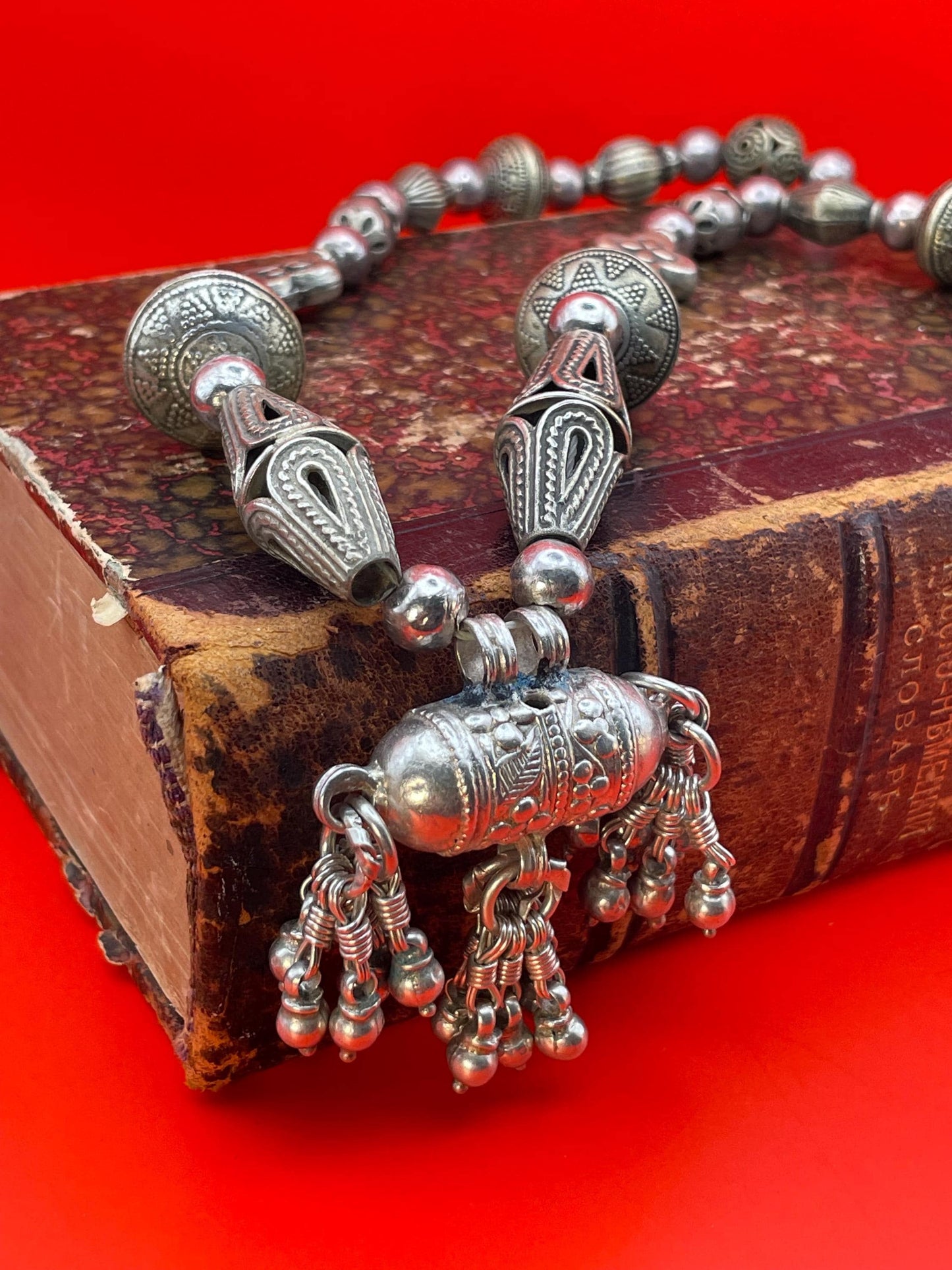 Untested Silver Persian Necklace with intricate beads and 2inch pendant