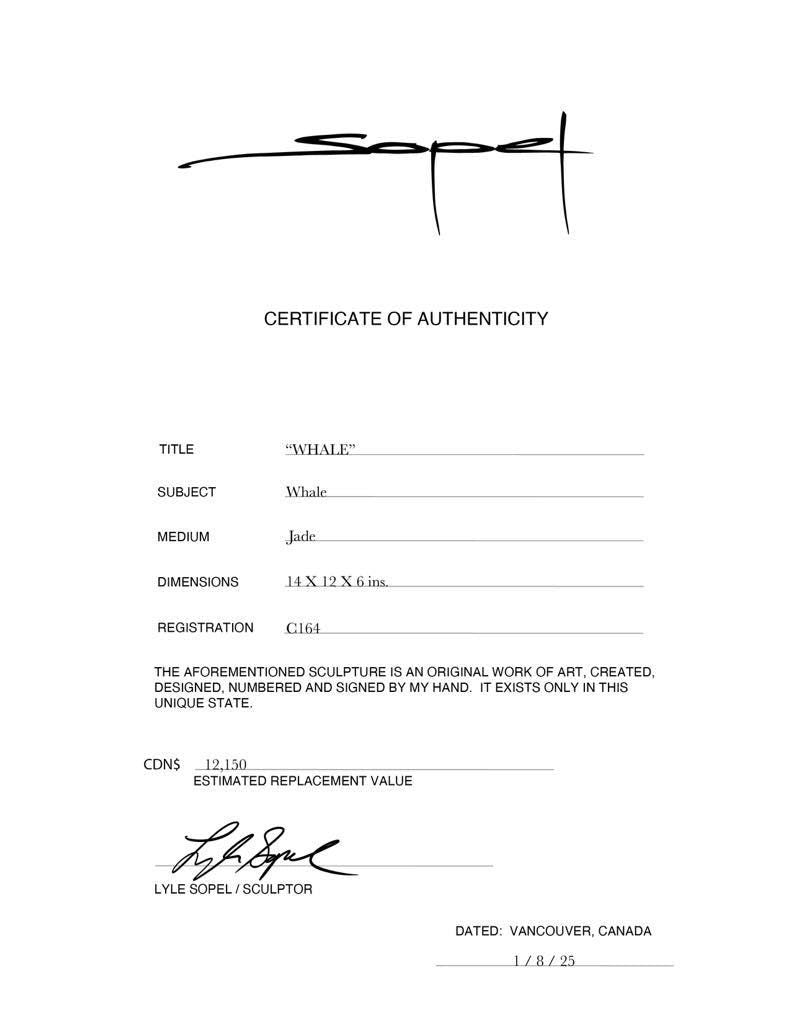 Stunning Canadian BC Jade statue of a killer whale out of a rock LYLE SOPEL  with authentication certificate  valued at 12500 dollars