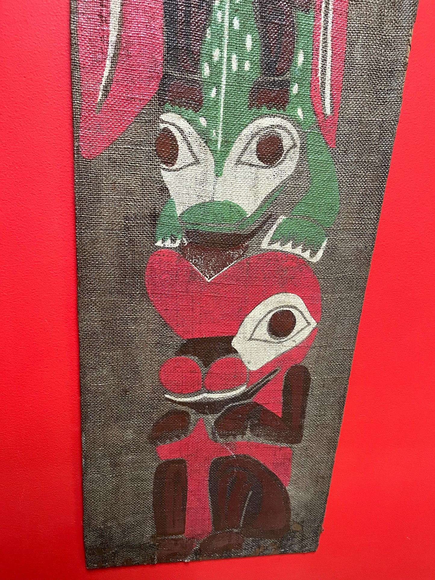 museum quality 19 century indigenous First Nations Pacific Northwest coast painted fabric on wood panel totem pole plaque art  -47 x 14