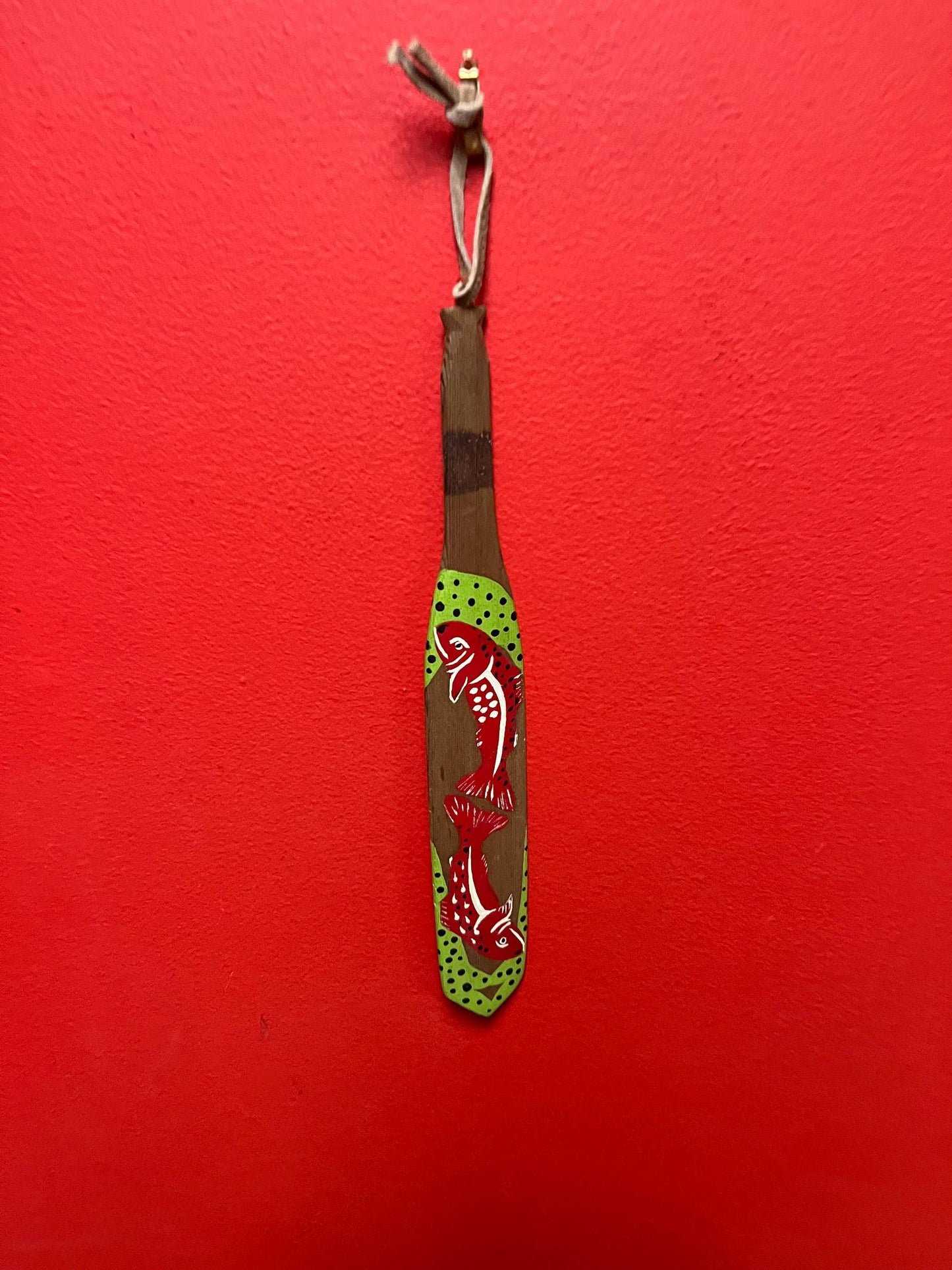 Beautiful 11 inch long indigenous first nations decorated paddle  plaque  older and good value -wonderful salmon imagery