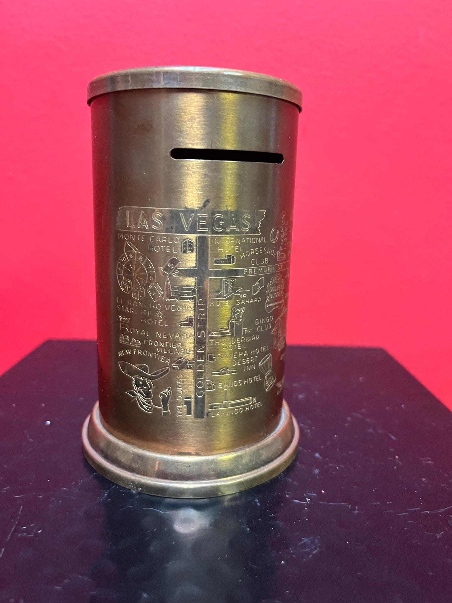 Crazy cool 1950s brass Las Vegas 4 1/2 inch tall money bank