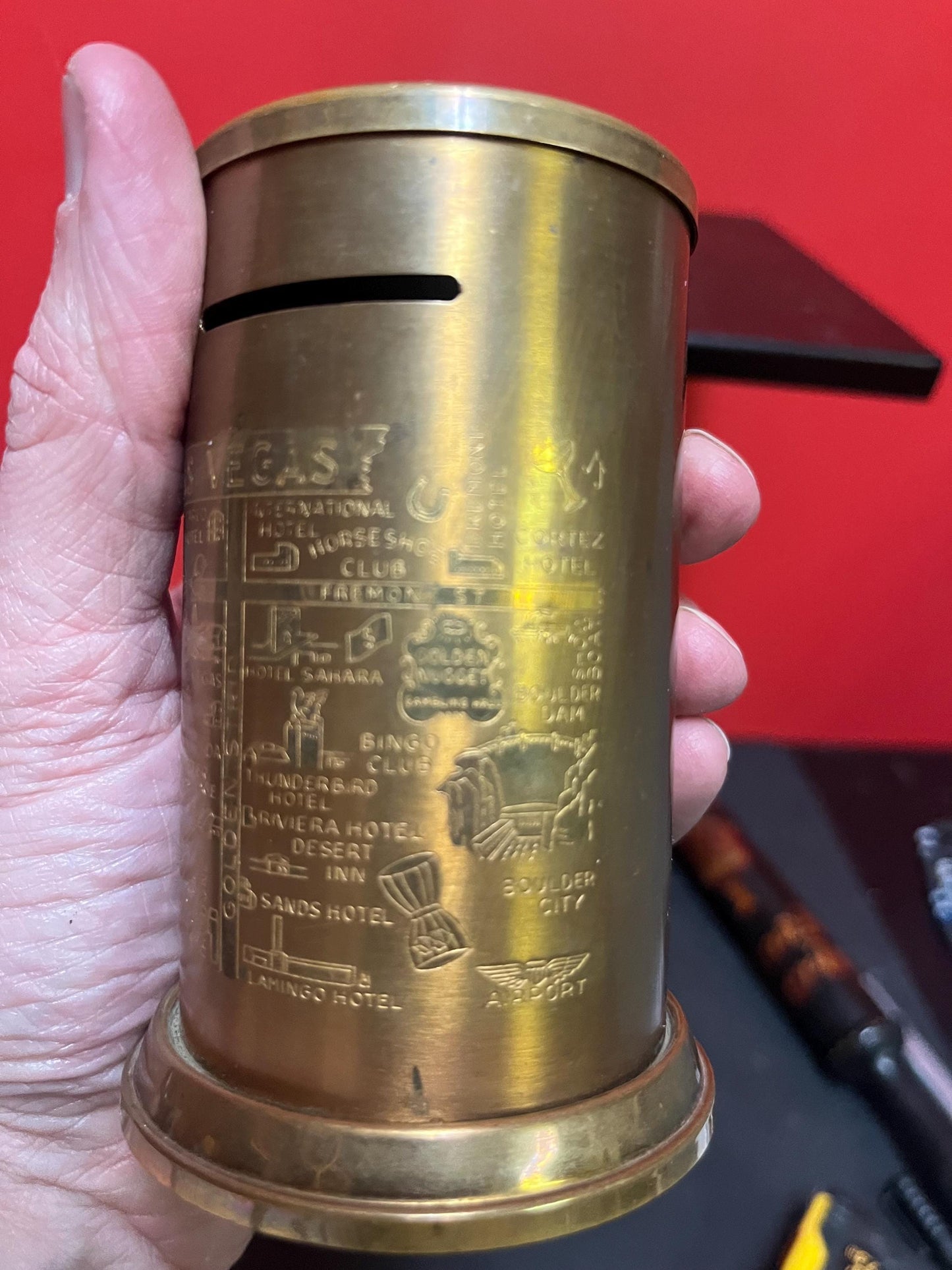 Crazy cool 1950s brass Las Vegas 4 1/2 inch tall money bank