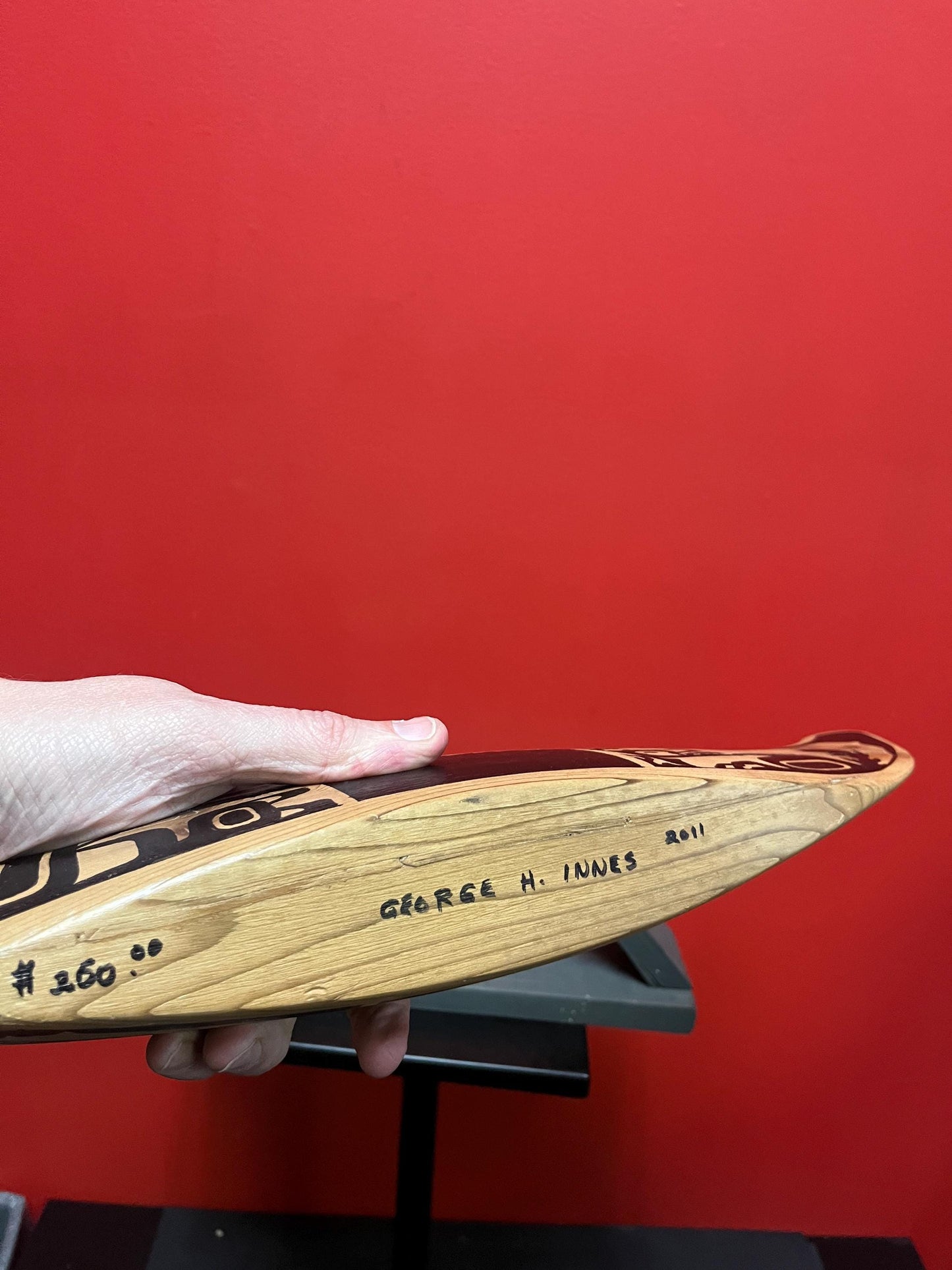 Amazing indigenous first Nations Pacific Northwest coast 21 x 3 x 2 1/2 cedar painted canoe on fitted stand  great value  Native canoe