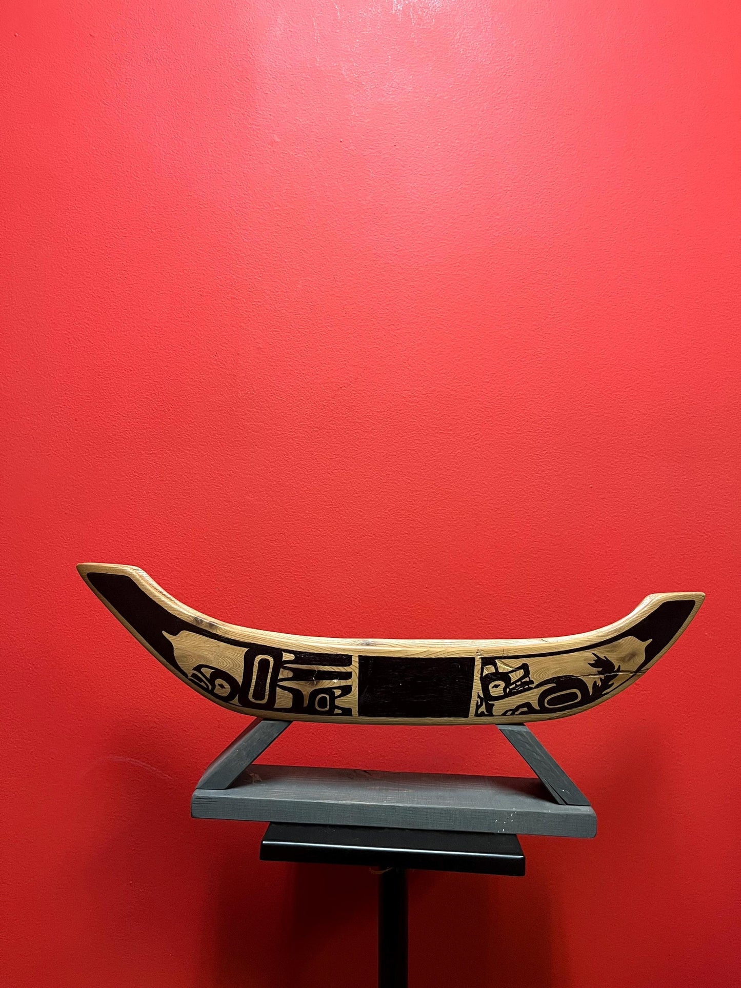 Amazing indigenous first Nations Pacific Northwest coast 21 x 3 x 2 1/2 cedar painted canoe on fitted stand  great value  Native canoe