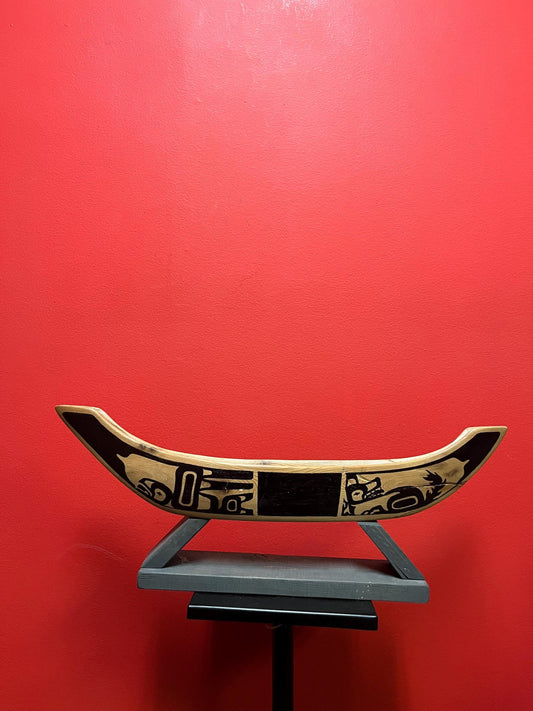 Amazing indigenous first Nations Pacific Northwest coast 21 x 3 x 2 1/2 cedar painted canoe on fitted stand  great value  Native canoe