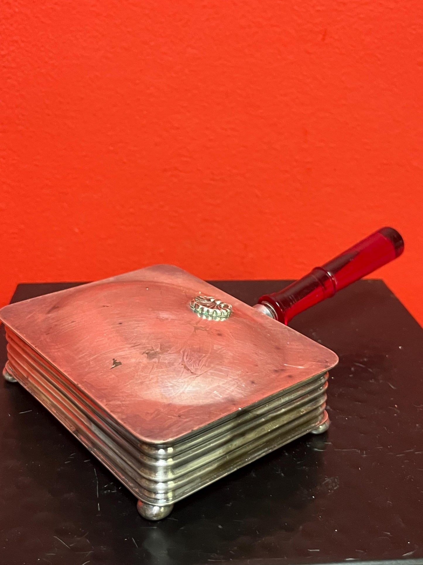 7 x 4 wide antique silver plated Sheffield reproduction art deco crumb tray with cherry Bakelite handle  value priced  you polish