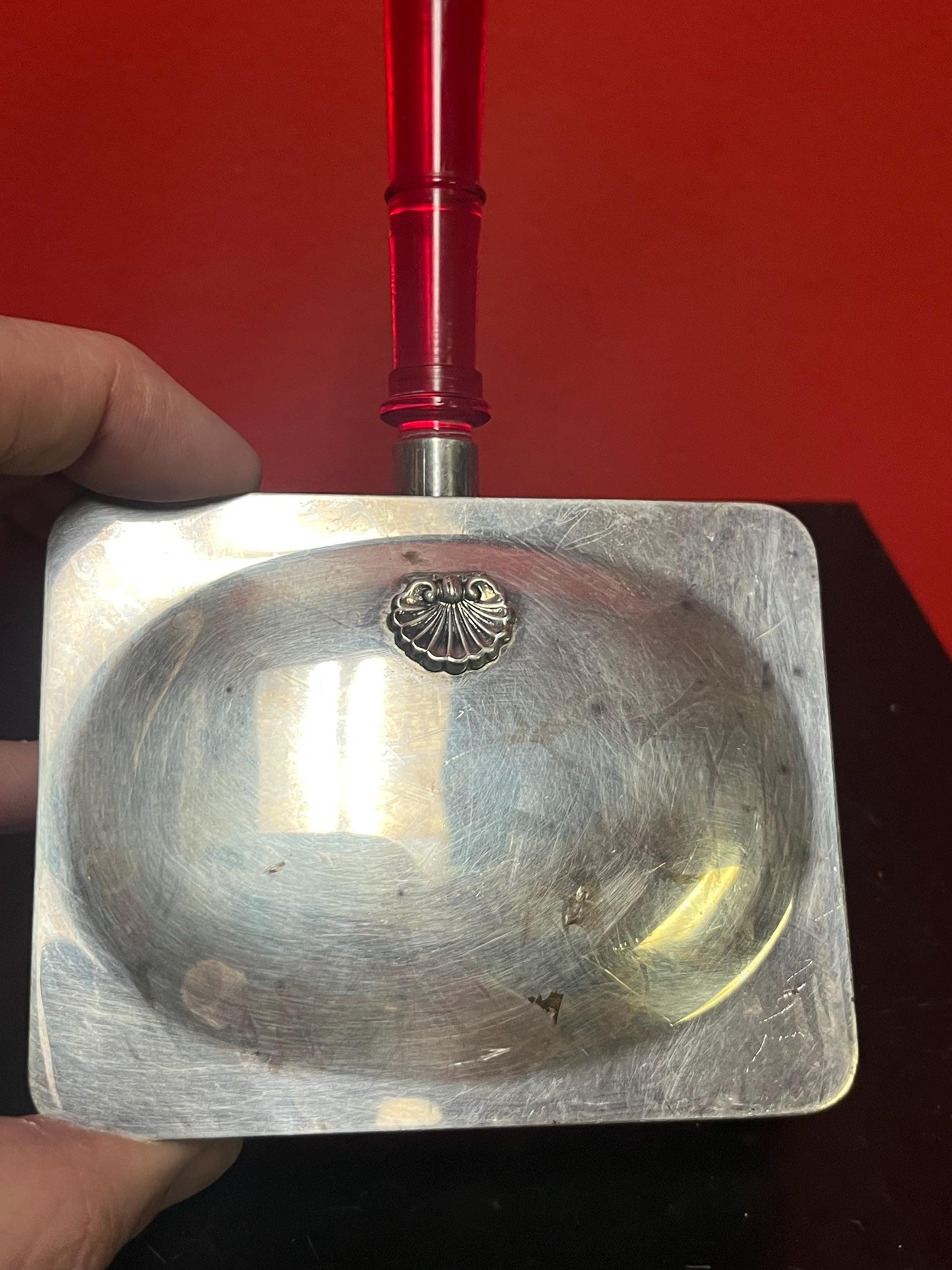 7 x 4 wide antique silver plated Sheffield reproduction art deco crumb tray with cherry Bakelite handle  value priced  you polish