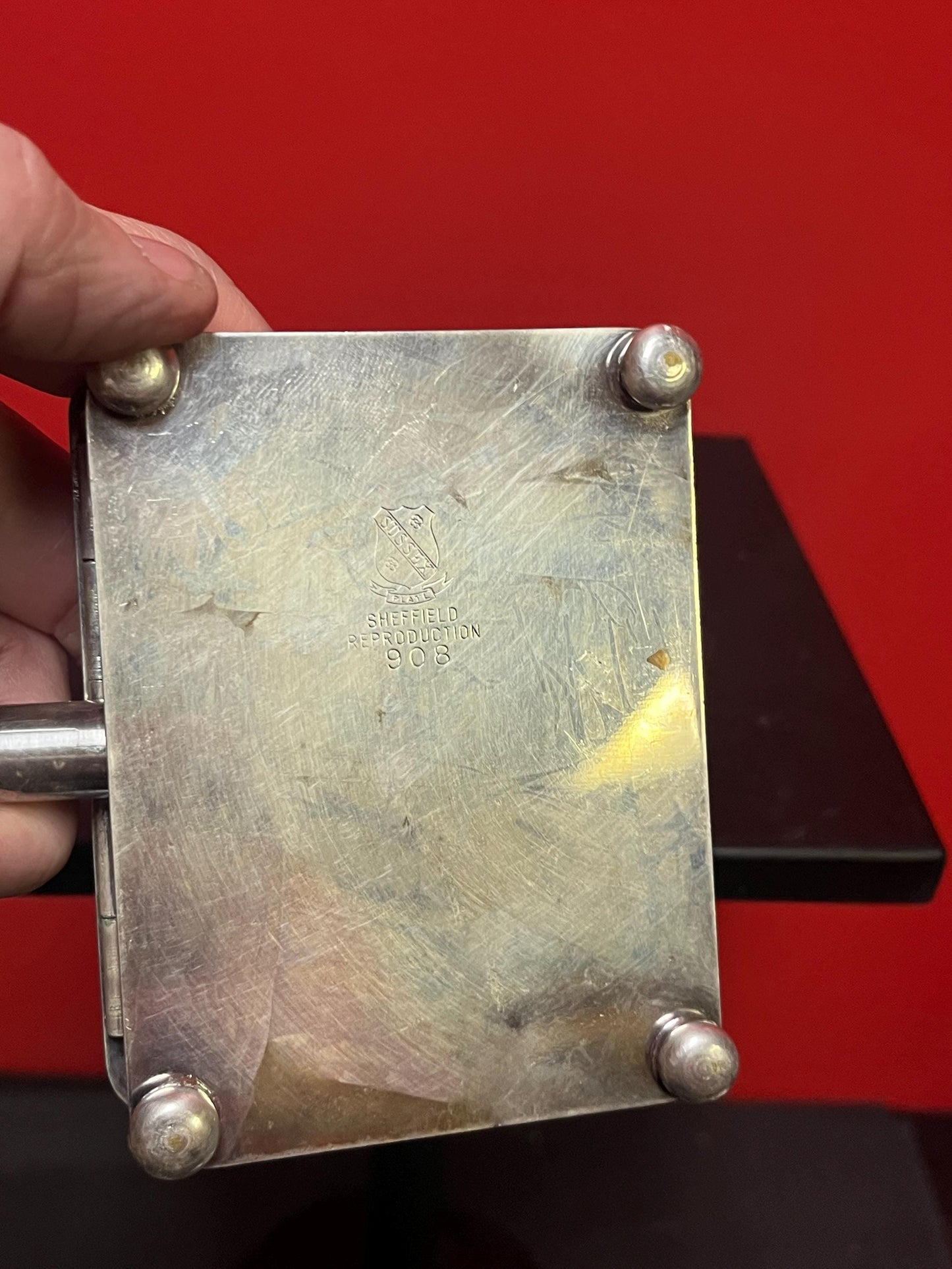 7 x 4 wide antique silver plated Sheffield reproduction art deco crumb tray with cherry Bakelite handle  value priced  you polish