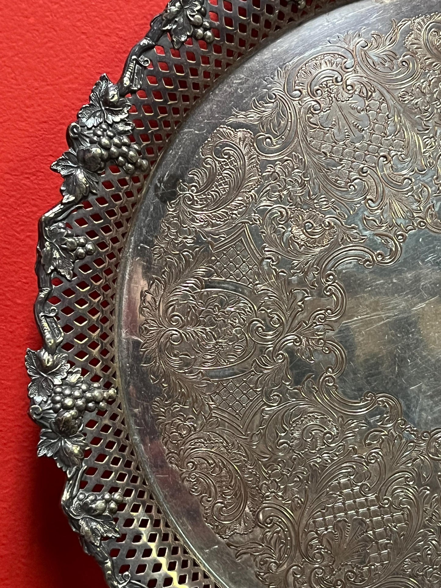 Beautiful English 14 inch heavily decorated tray with grape motif  very elegant and well priced  could use a light polish