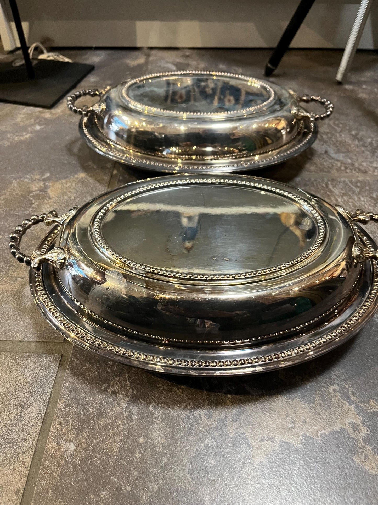 Lovely pair of English silver plated  covered entree dishes  12 x 8 - need light polish and some minor scratches but good condition