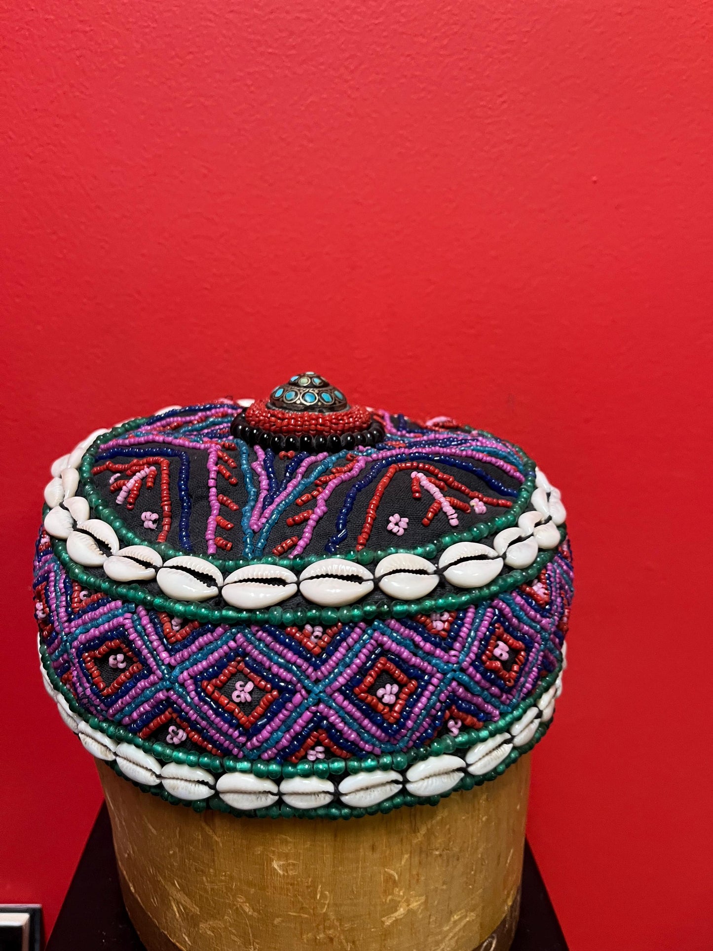 Stunning 9 x 7 x 3 inch Nepalese fabric beaded and shell and turquoise hat  unreal cool  fit small to medium head